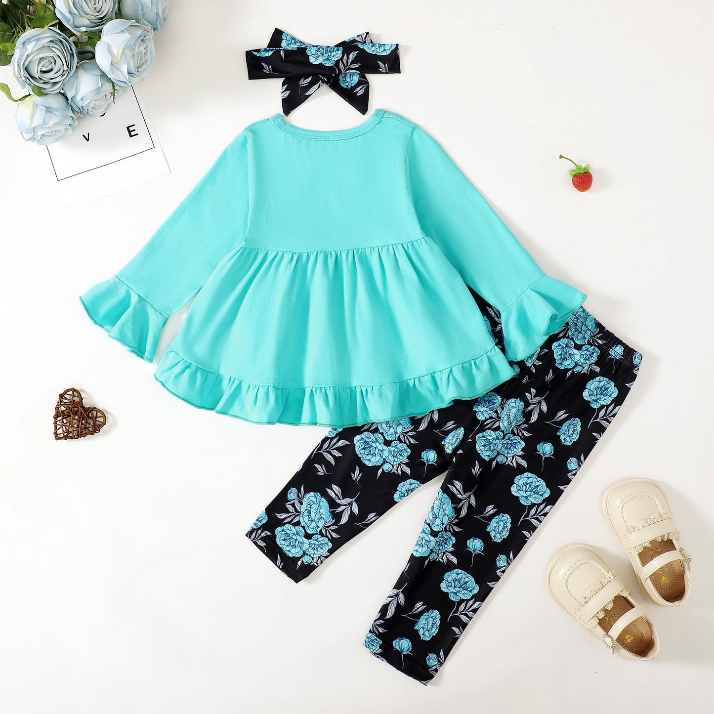 Kucnuzki Baby Girl Clothes Toddler Girl Outfit Ruffle Sleeve Shirt Floral Pant Set Fall Winter Clothing for Girl