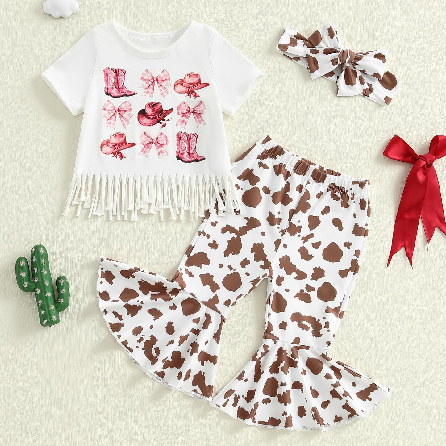 Kayotuas Toddler Baby Girl Bell Bottom Outfits Cowgirl Boots Bow Short Sleeve T-Shirt and Flare Pants Infant Western Clothes