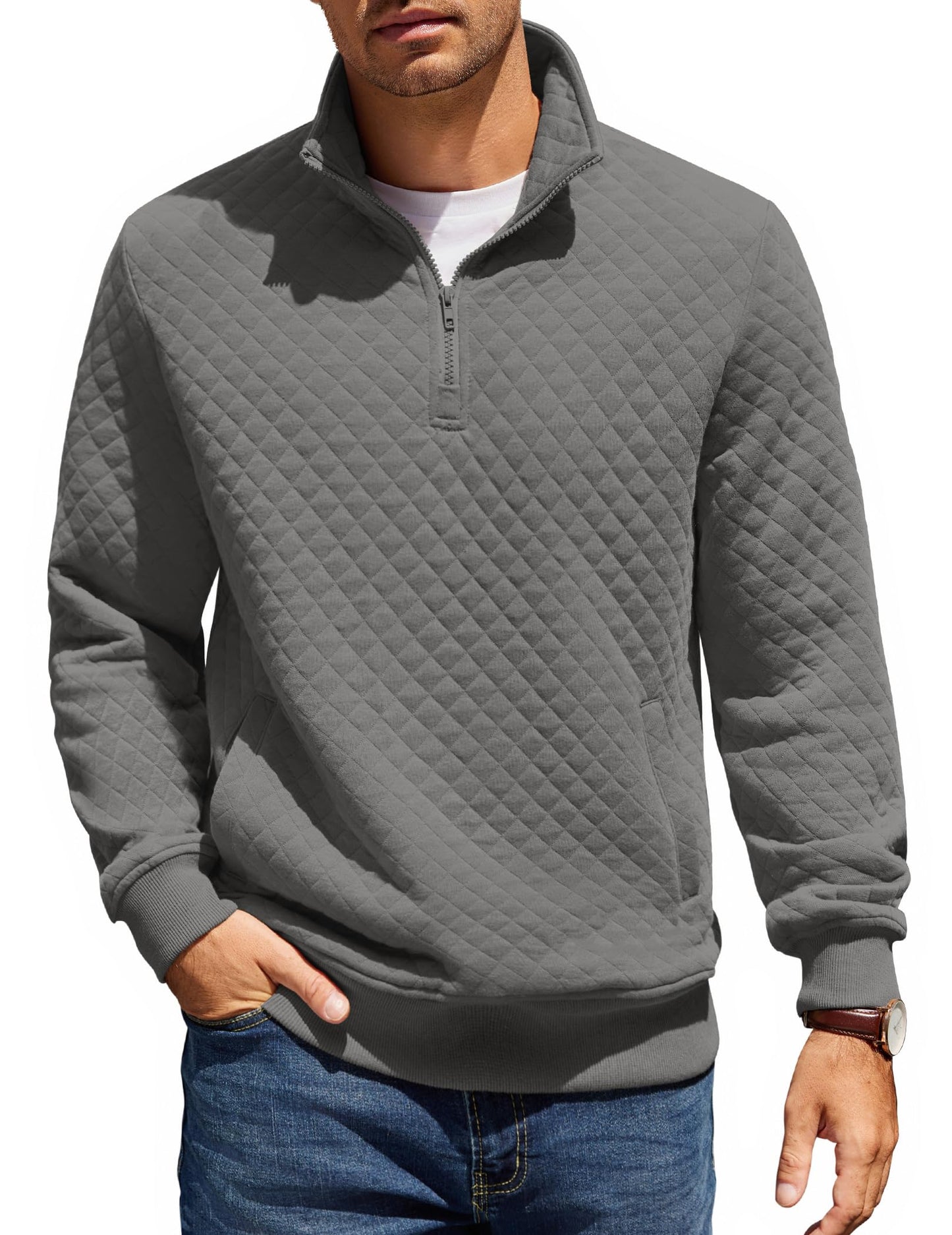 COOFANDY Mens Quarter Zip Pullover Quilted Sweatshirt Knit Long Sleeve Mock Neck Sweater Polo with Pocket