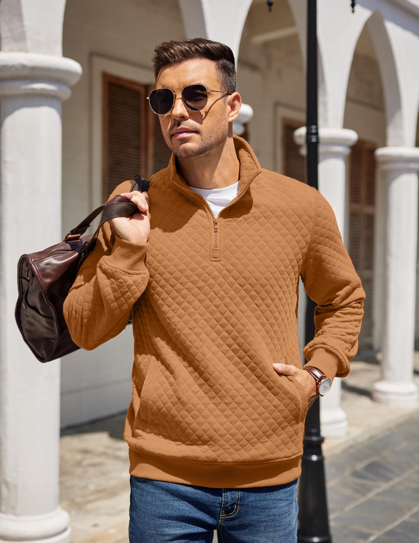 COOFANDY Mens Quarter Zip Pullover Quilted Sweatshirt Knit Long Sleeve Mock Neck Sweater Polo with Pocket