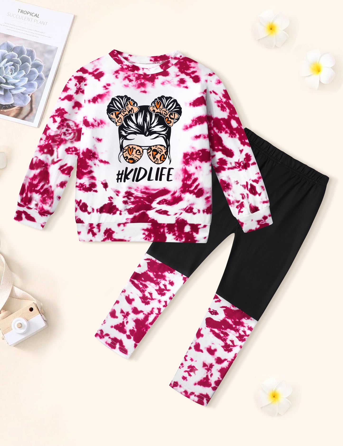 DONWEN Toddler Girl Clothes,Tie Dye Sweatsuit 2 Piece Girls Outfits Graphic Pullover Top Pants Girls Fall Winter Outfit