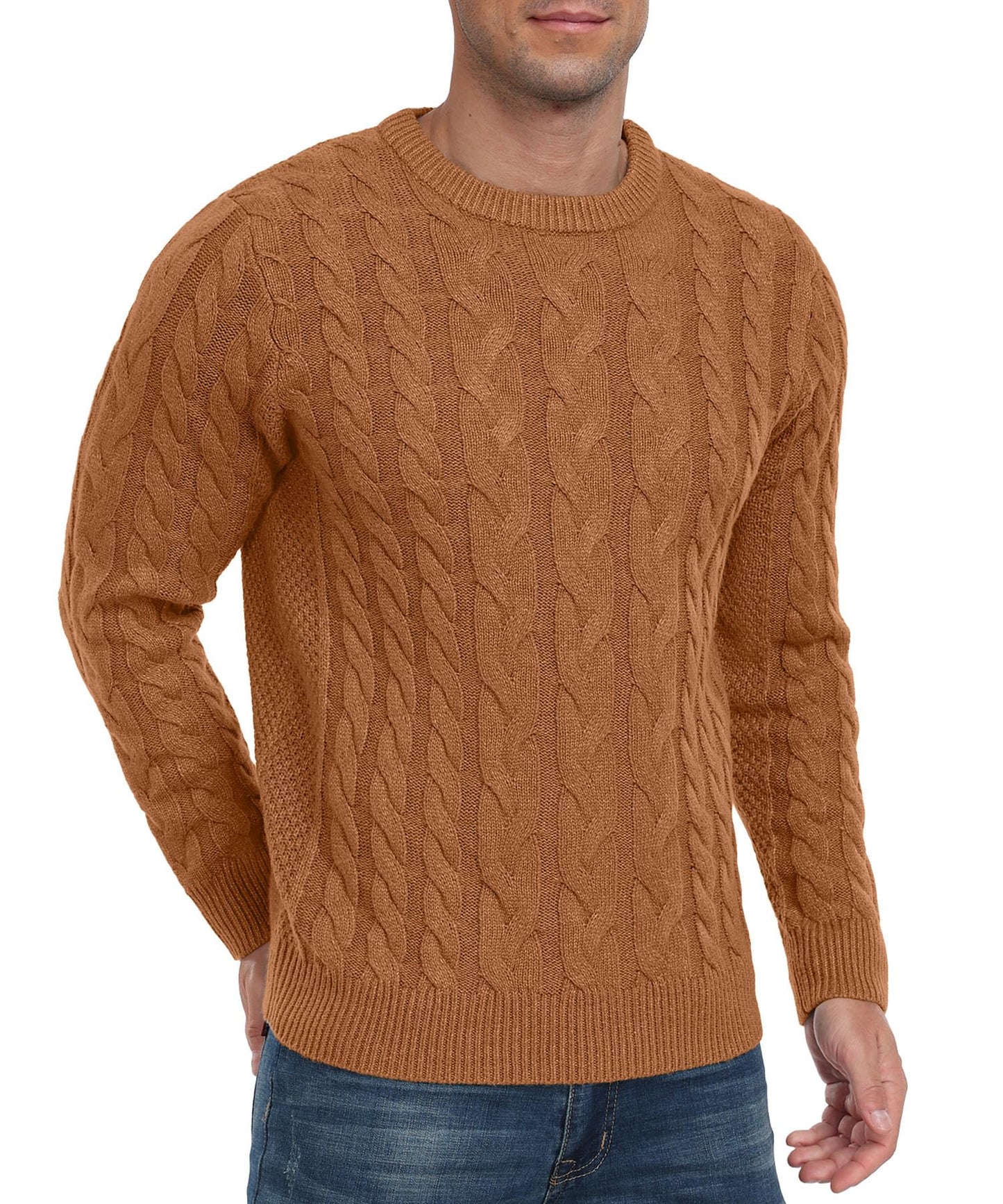 Askdeer Men's Crewneck Pullover Sweater Chunky Cable Knit Sweater Classic Casual Sweaters with Ribbing Edge