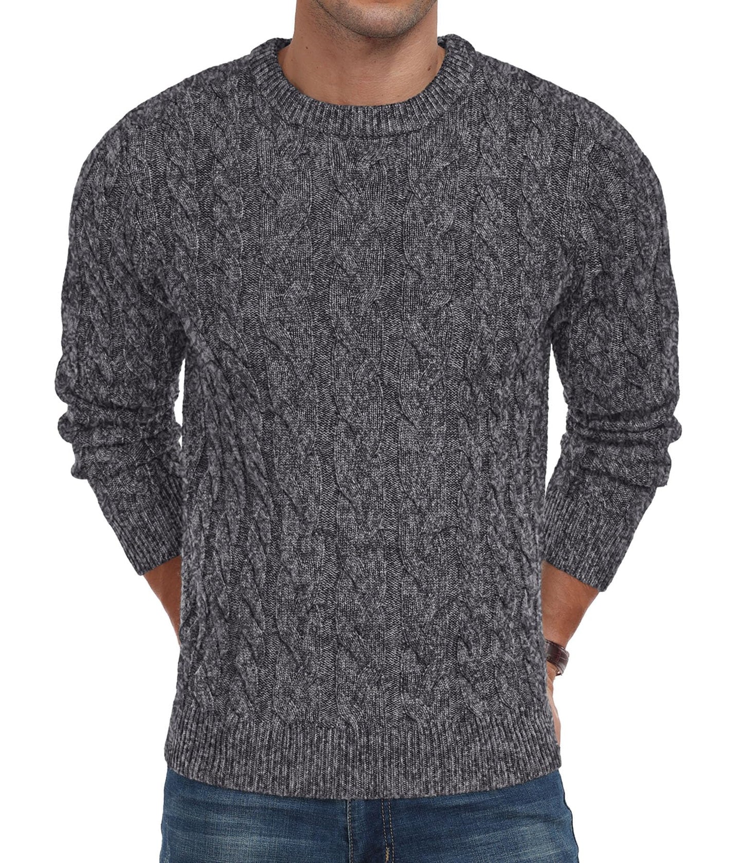 Askdeer Men's Crewneck Pullover Sweater Chunky Cable Knit Sweater Classic Casual Sweaters with Ribbing Edge