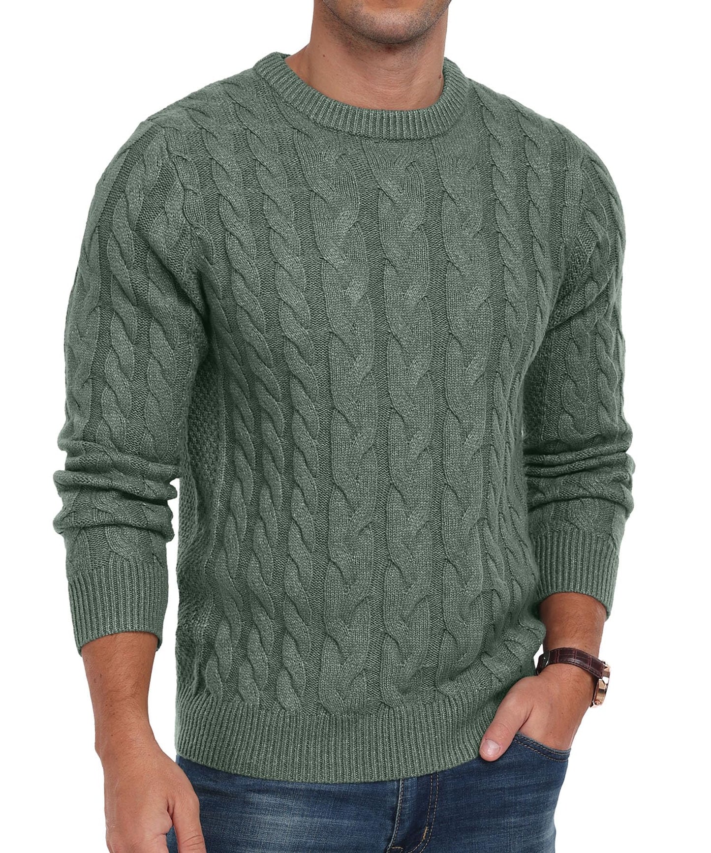 Askdeer Men's Crewneck Pullover Sweater Chunky Cable Knit Sweater Classic Casual Sweaters with Ribbing Edge