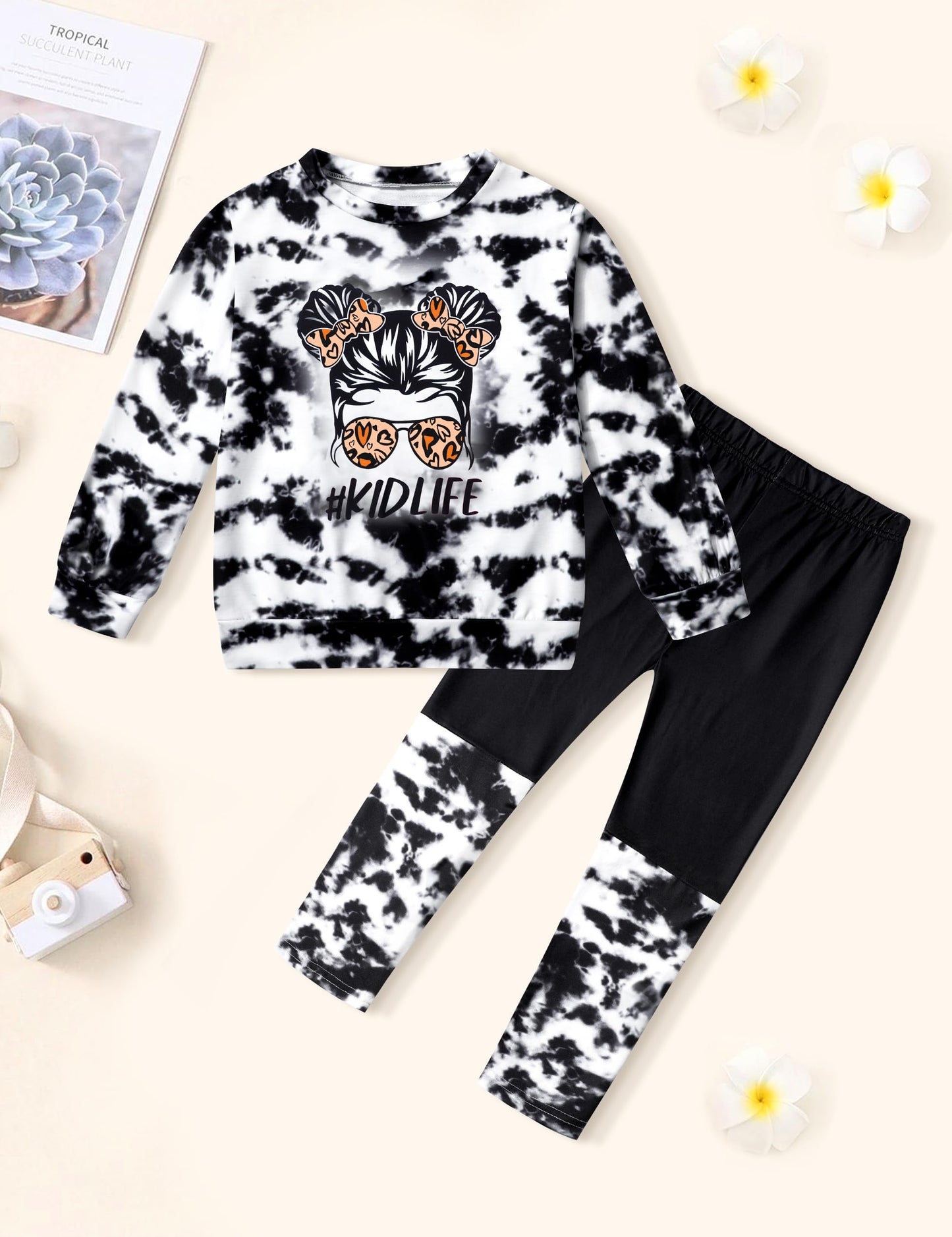 DONWEN Toddler Girl Clothes,Tie Dye Sweatsuit 2 Piece Girls Outfits Graphic Pullover Top Pants Girls Fall Winter Outfit