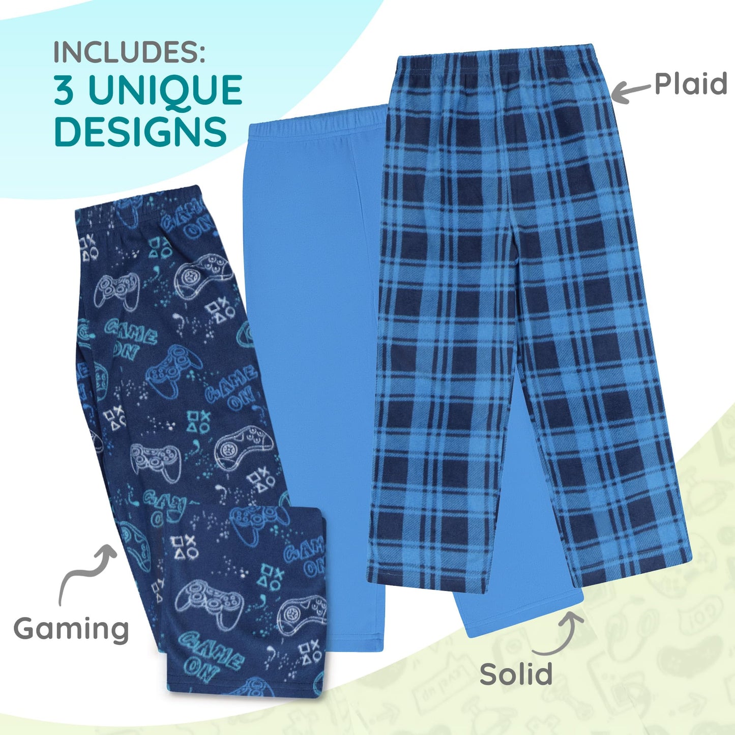 Mad Dog Concepts 3-Pack Boys Pajama Pants - Soft Micro Fleece PJ Bottoms for Kids, Printed Plaid Design - Boy's Sleepwear