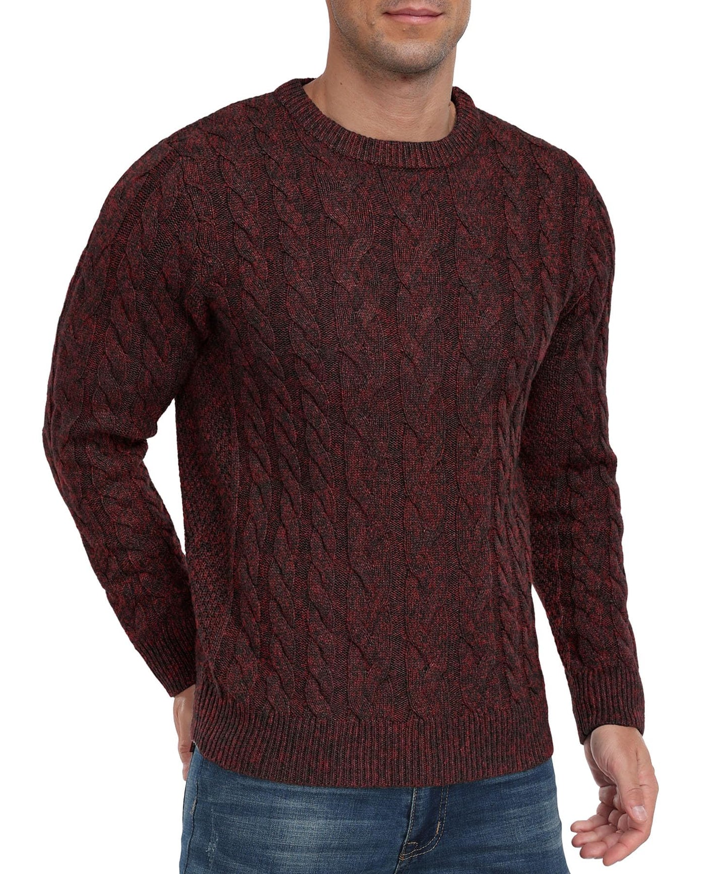 Askdeer Men's Crewneck Pullover Sweater Chunky Cable Knit Sweater Classic Casual Sweaters with Ribbing Edge