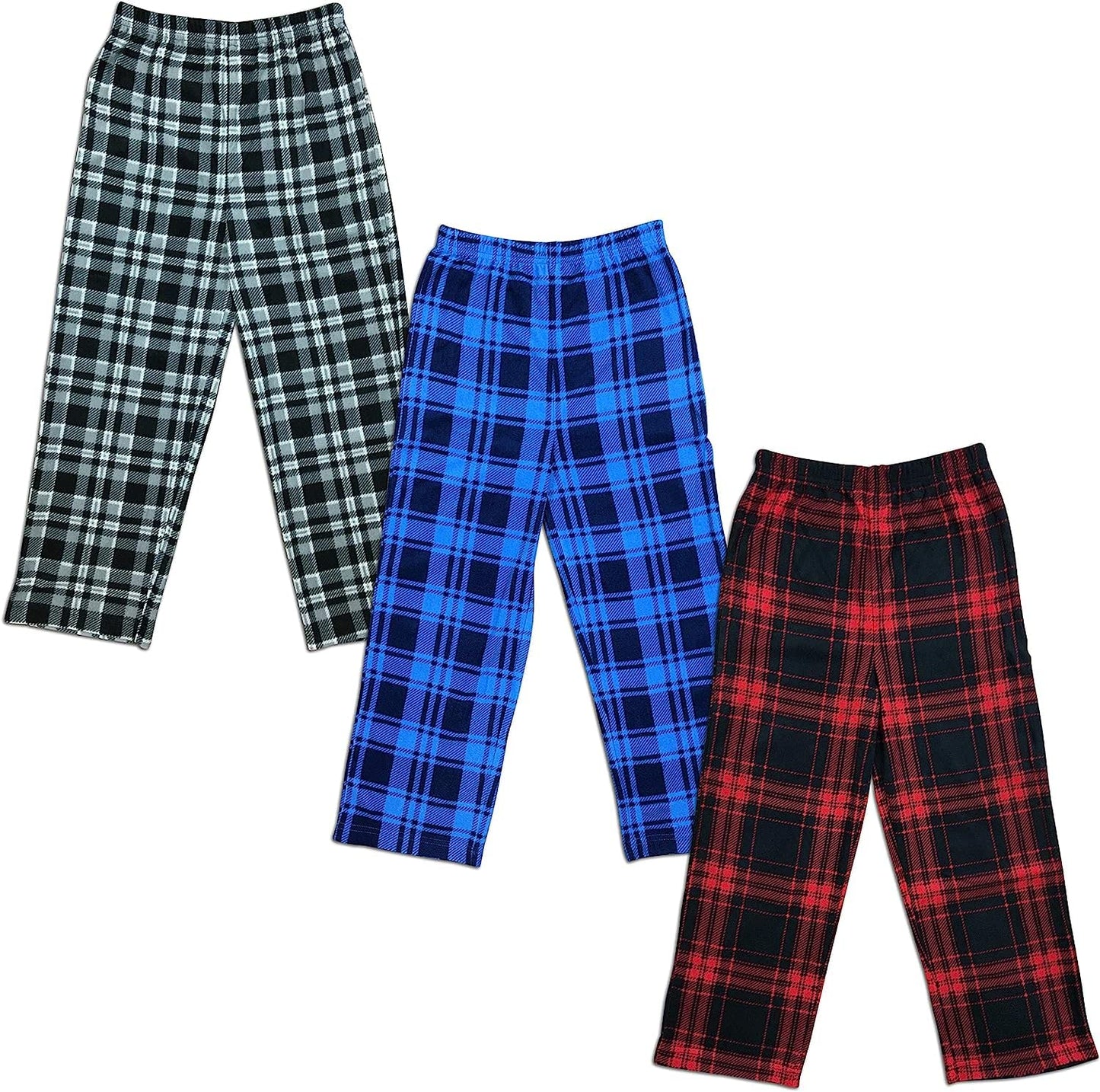 Mad Dog Concepts 3-Pack Boys Pajama Pants - Soft Micro Fleece PJ Bottoms for Kids, Printed Plaid Design - Boy's Sleepwear