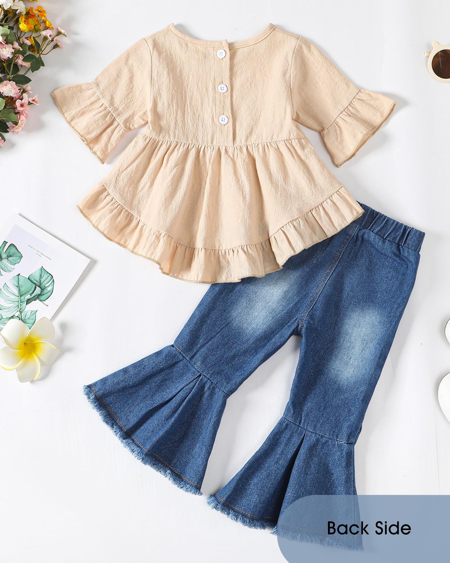 Kucnuzki Toddler Baby Girls Clothes Short Sleeve Shirt Top Flare Denim Jeans 2 Piece Outfits For Girls Cute Clothing Set