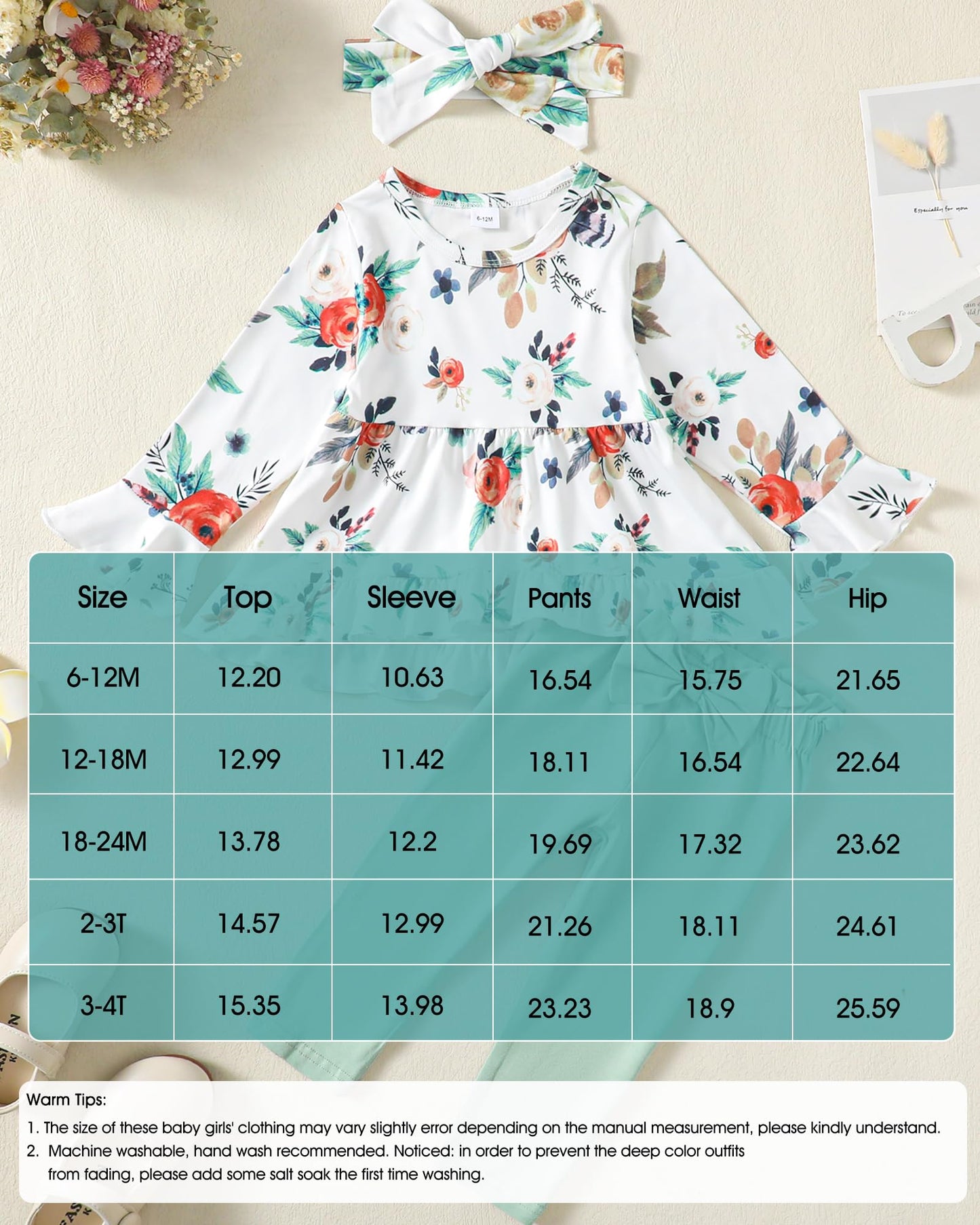 Kucnuzki Baby Girl Clothes Toddler Girl Outfit Ruffle Sleeve Shirt Floral Pant Set Fall Winter Clothing for Girl