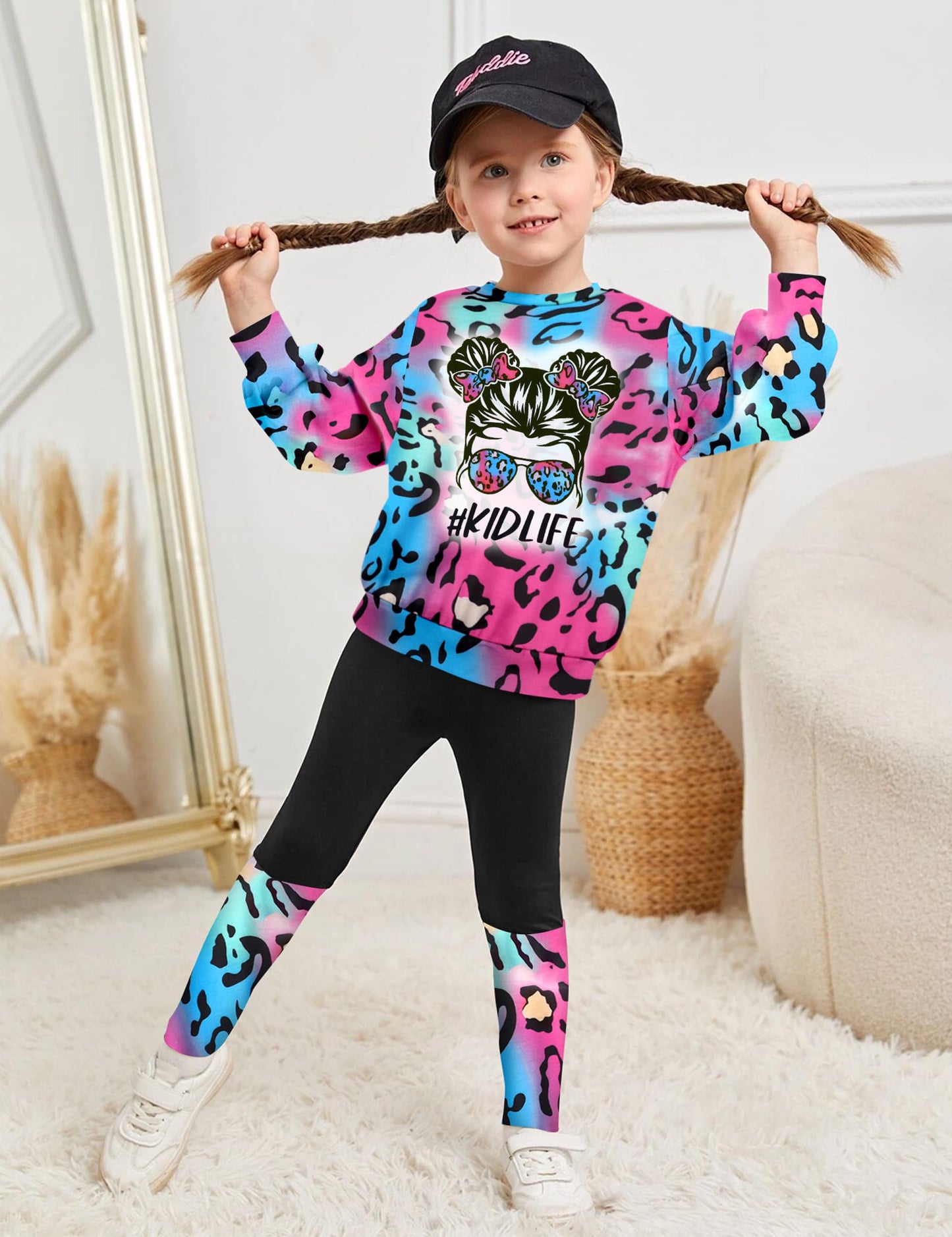 DONWEN Toddler Girl Clothes,Tie Dye Sweatsuit 2 Piece Girls Outfits Graphic Pullover Top Pants Girls Fall Winter Outfit