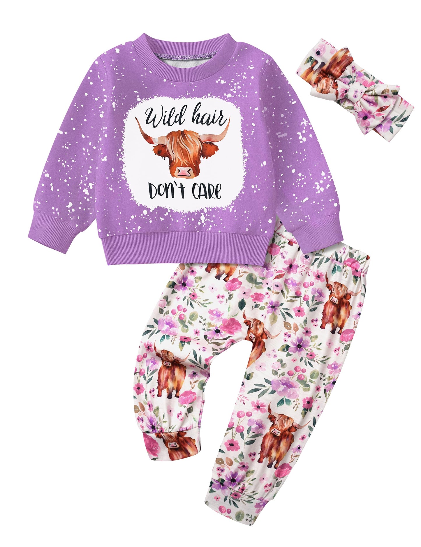 Toddler Girl Clothes Fall Winter Outfits Wild Hair Don't Care Highland Cow Sweatshirt Pants Western Cowgirl Outfit