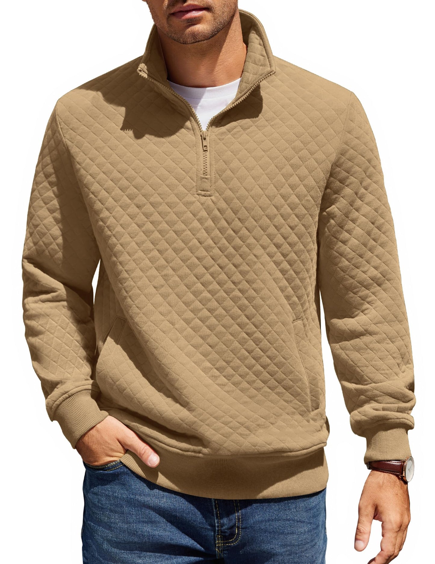 COOFANDY Mens Quarter Zip Pullover Quilted Sweatshirt Knit Long Sleeve Mock Neck Sweater Polo with Pocket