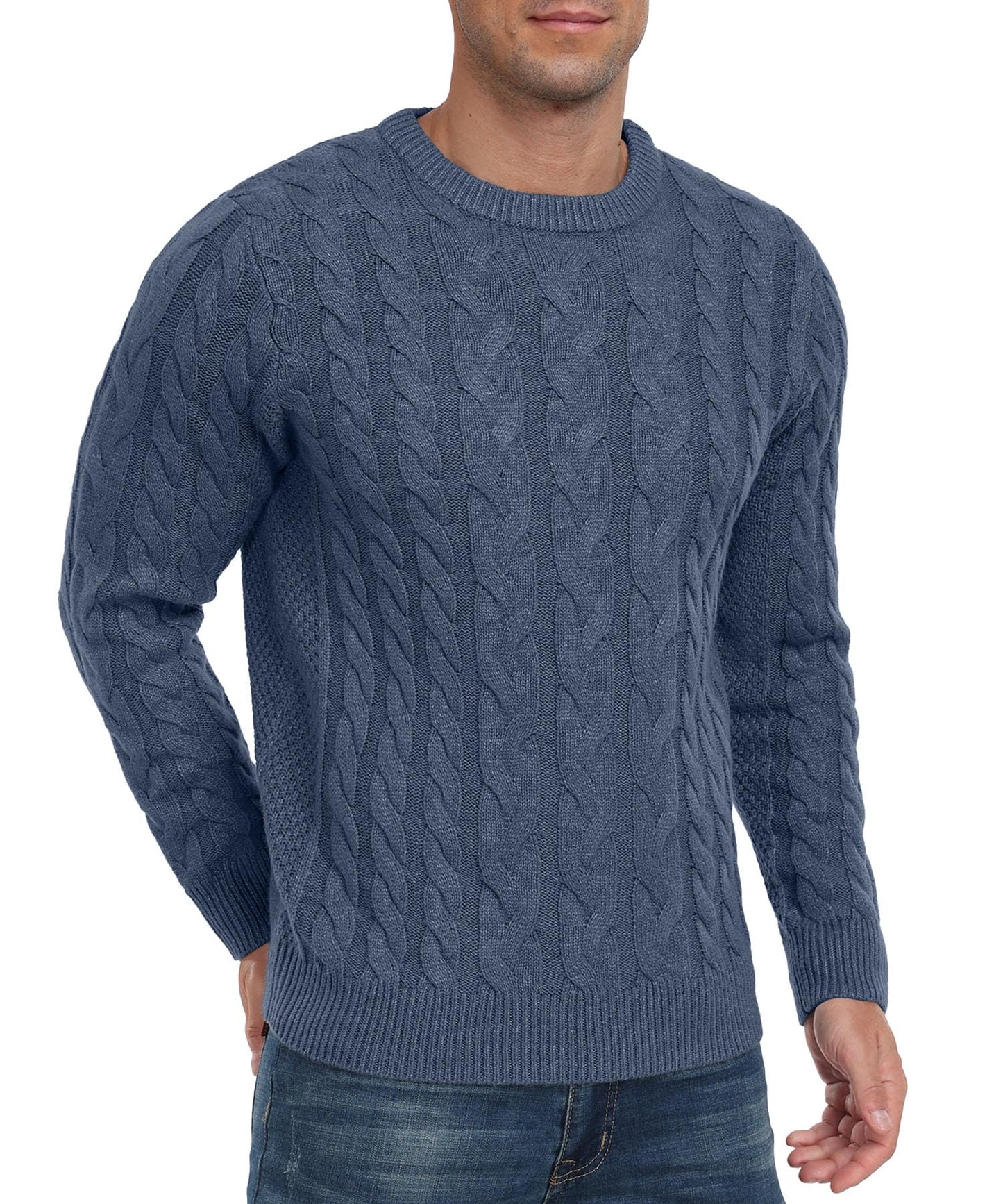 Askdeer Men's Crewneck Pullover Sweater Chunky Cable Knit Sweater Classic Casual Sweaters with Ribbing Edge