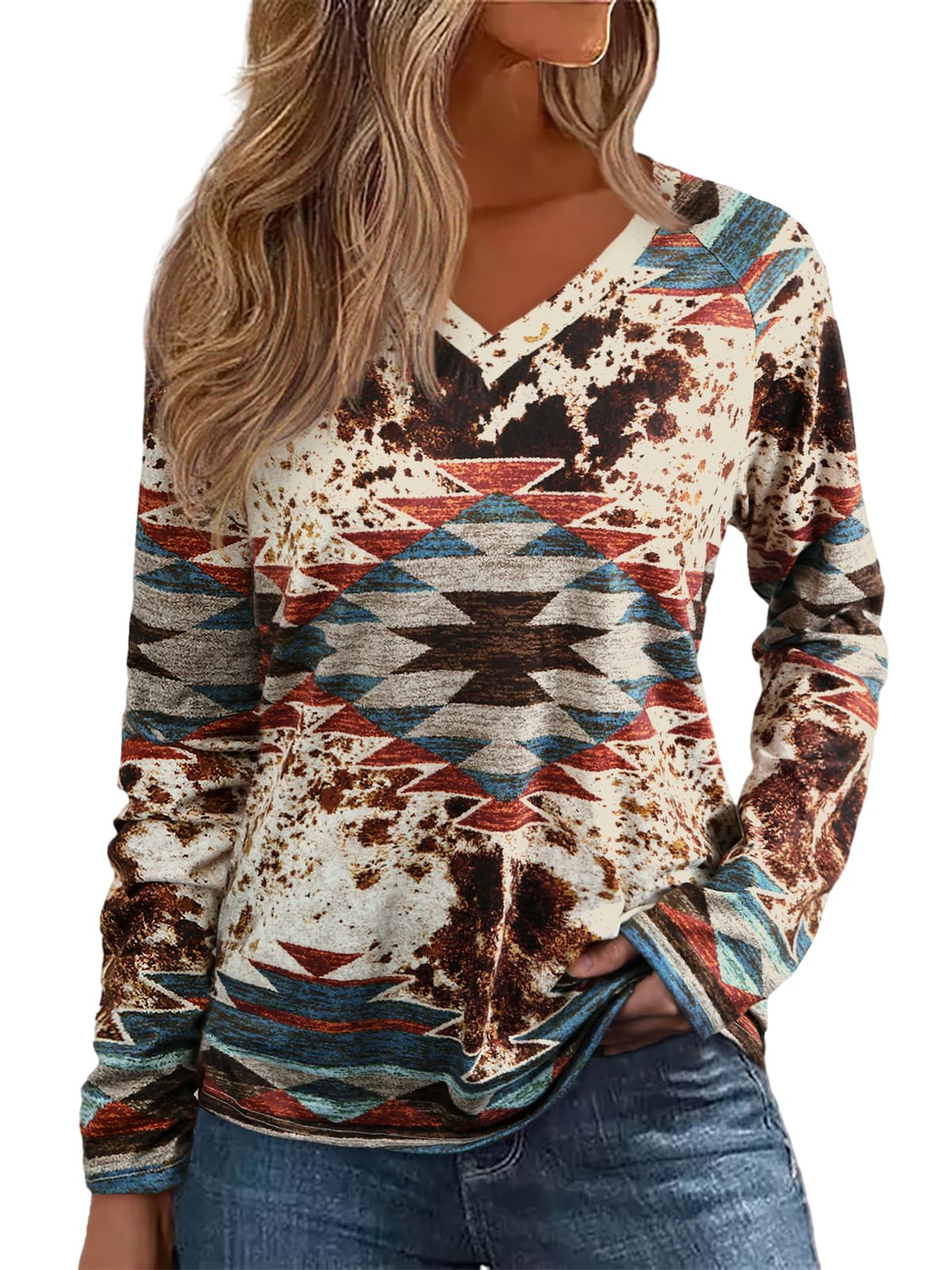 Womens Long Sleeve T Shirts Aztec Cow Print Western Henley Tops Ladies Graphic Tees Casual V Neck Loose Fit Blouse