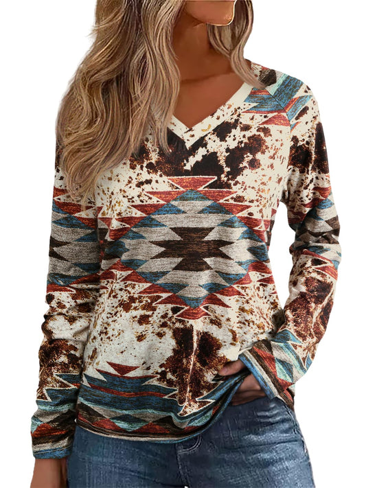 Womens Long Sleeve T Shirts Aztec Cow Print Western Henley Tops Ladies Graphic Tees Casual V Neck Loose Fit Blouse