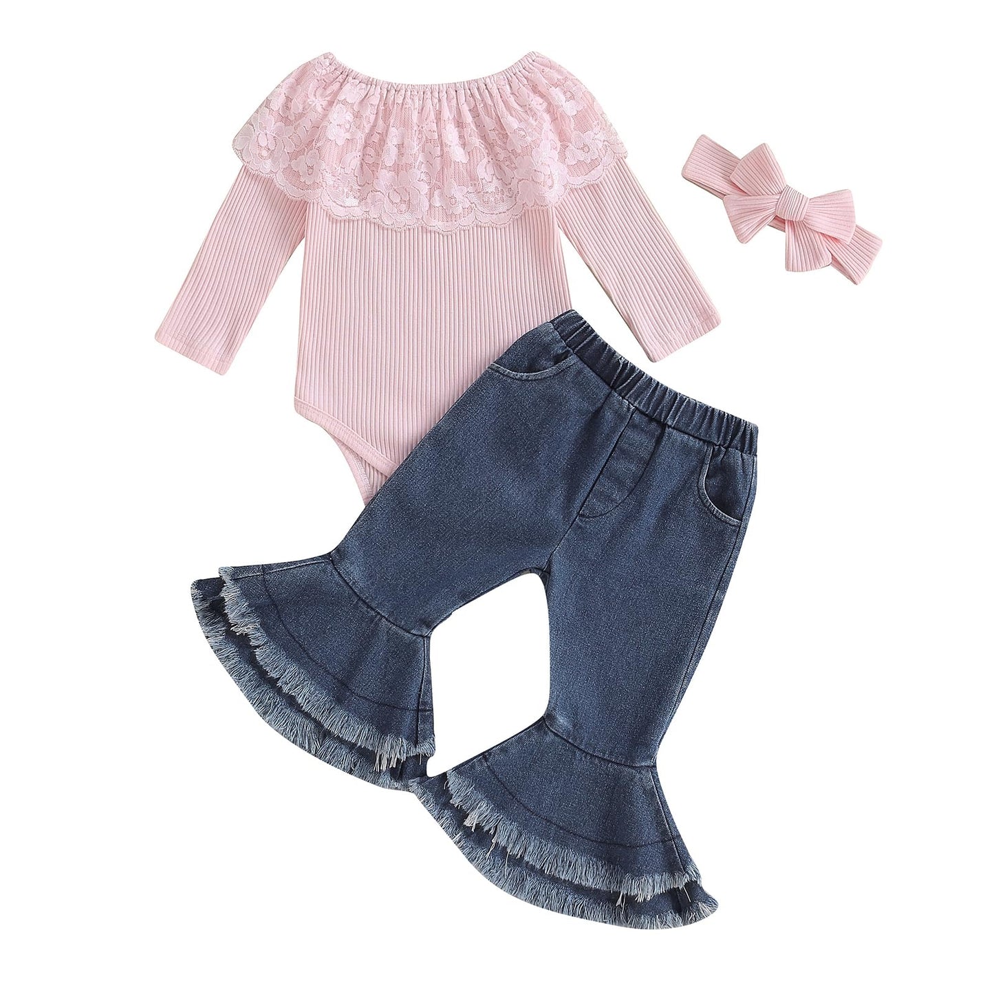 fhutpw Newborn Baby Girl Clothes Infant Rib Frill Long Sleeve Romper Flared Pants Headband Set 3pcs Fall Winter Outfits