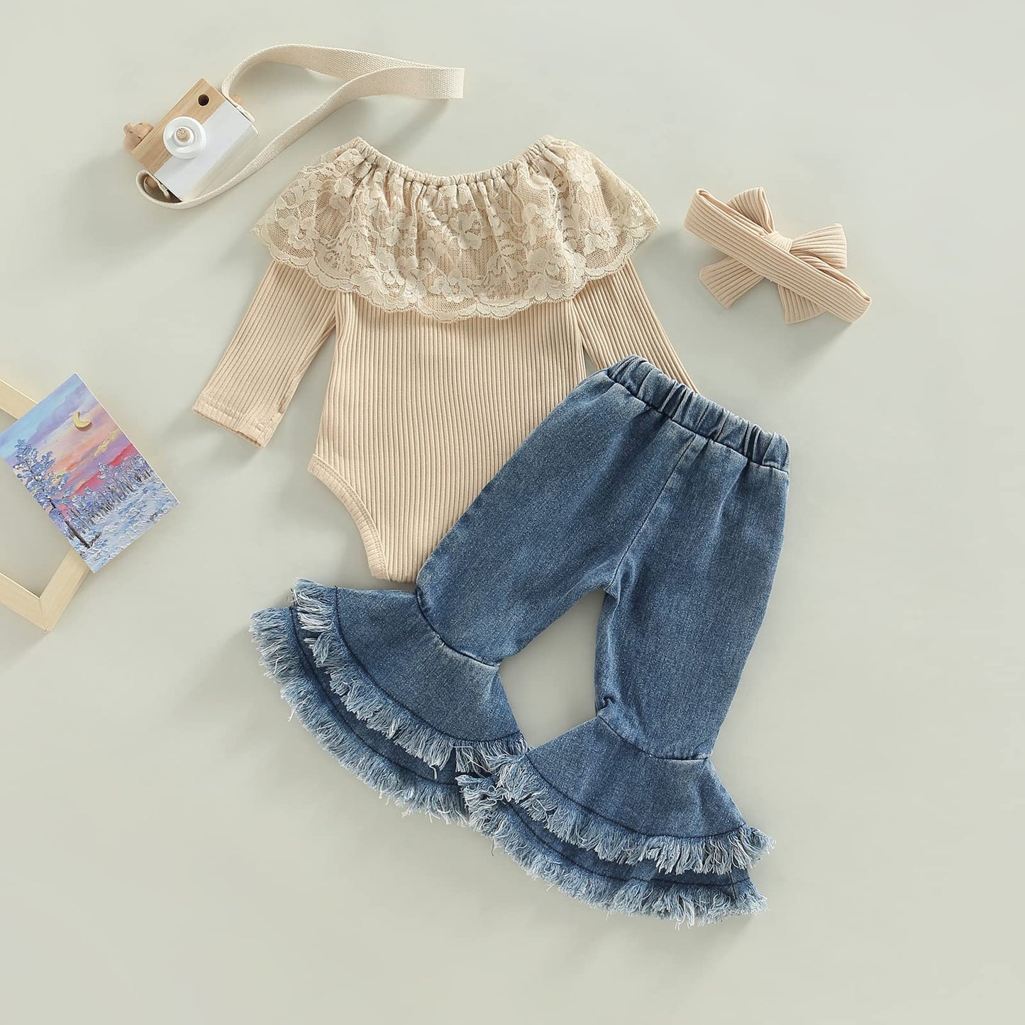 fhutpw Newborn Baby Girl Clothes Infant Rib Frill Long Sleeve Romper Flared Pants Headband Set 3pcs Fall Winter Outfits