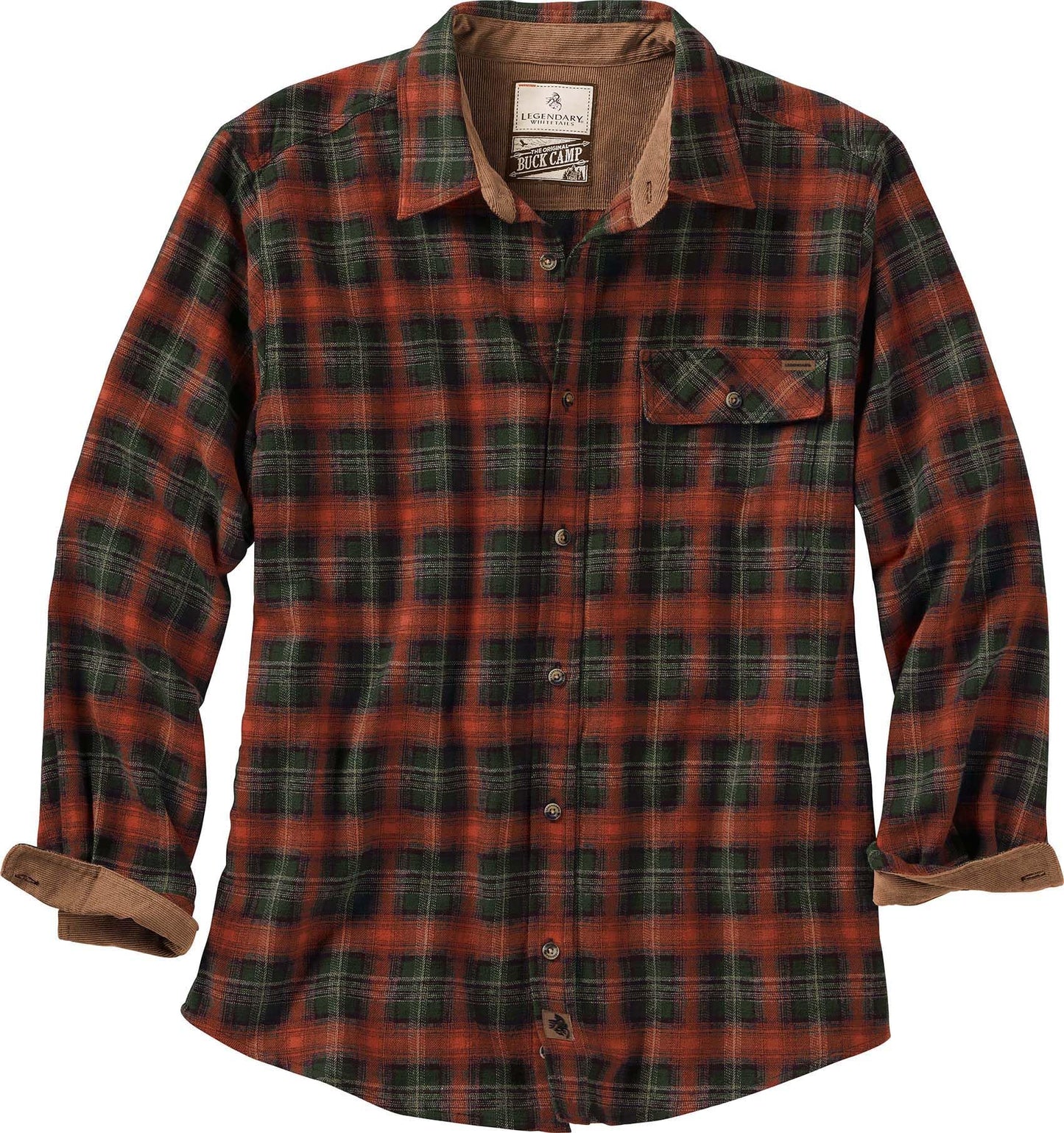 Legendary Whitetails Men's Buck Camp Flannel, Long Sleeve Plaid Button Down Casual Shirt, Corduroy Cuffs