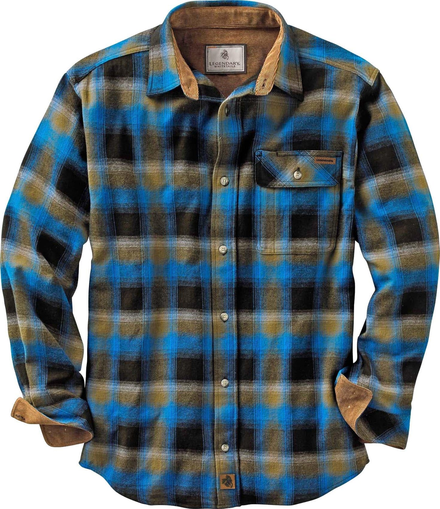 Legendary Whitetails Men's Buck Camp Flannel, Long Sleeve Plaid Button Down Casual Shirt, Corduroy Cuffs