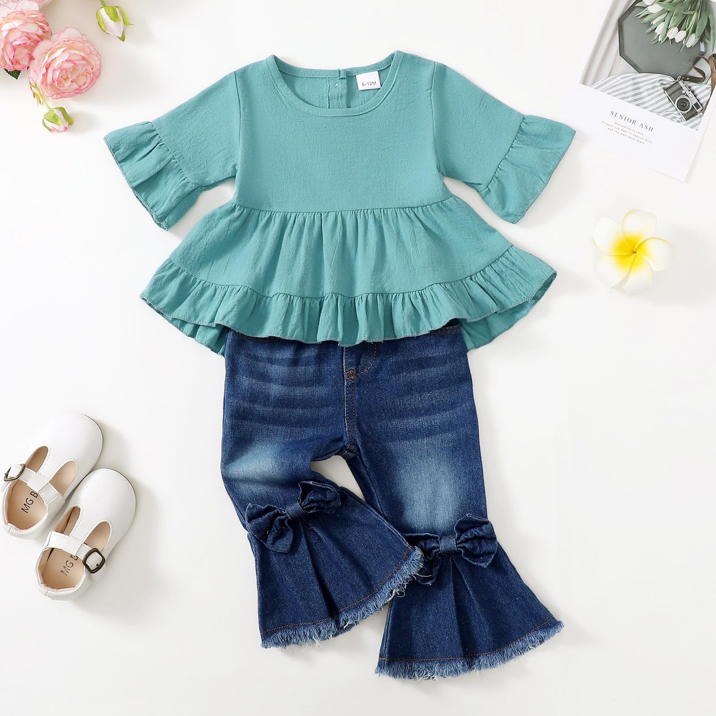 Kucnuzki Toddler Baby Girls Clothes Short Sleeve Shirt Top Flare Denim Jeans 2 Piece Outfits For Girls Cute Clothing Set