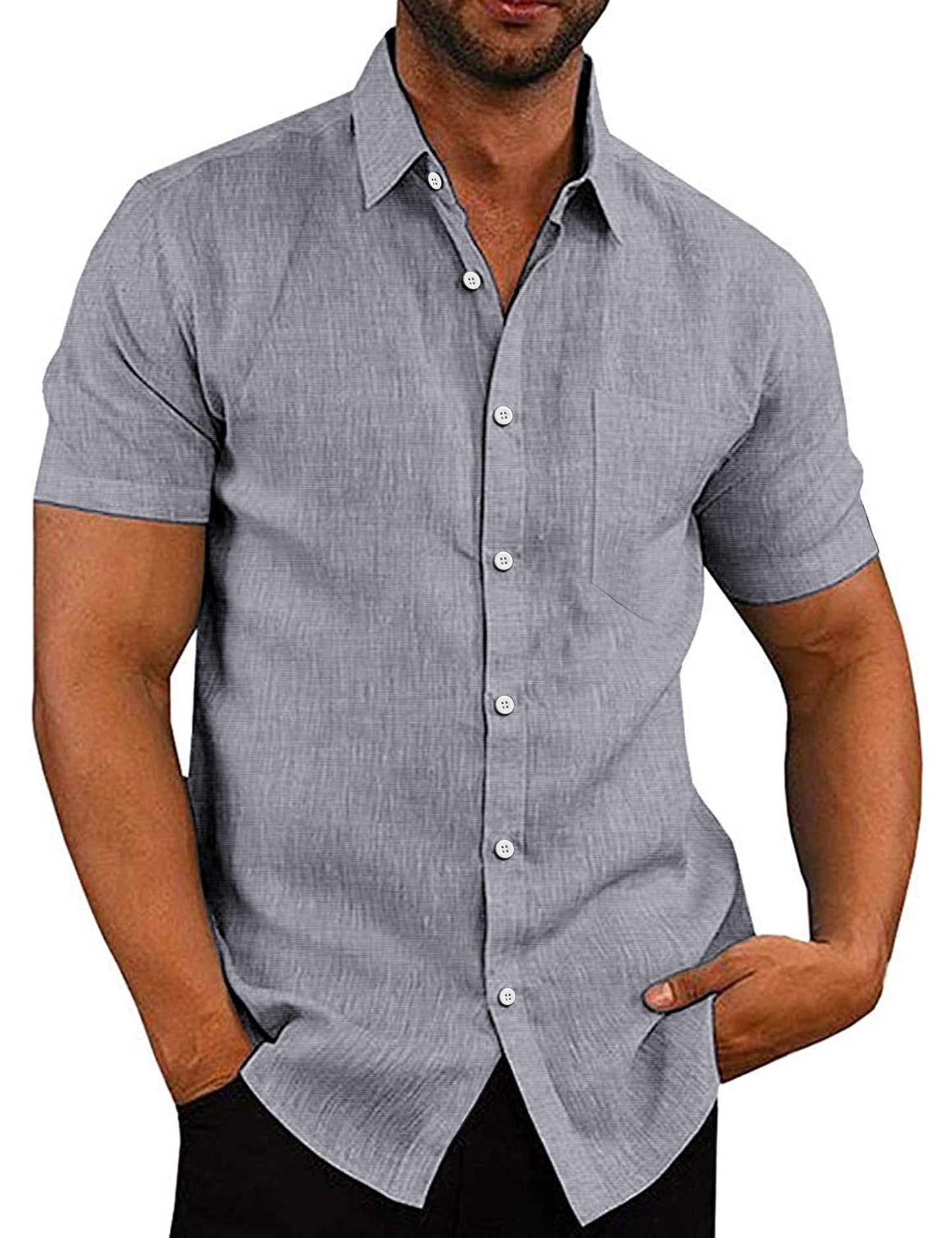 COOFANDY Men's Casual Button Down Shirts Short Sleeve Linen Shirts Summer Beach Dress Shirt