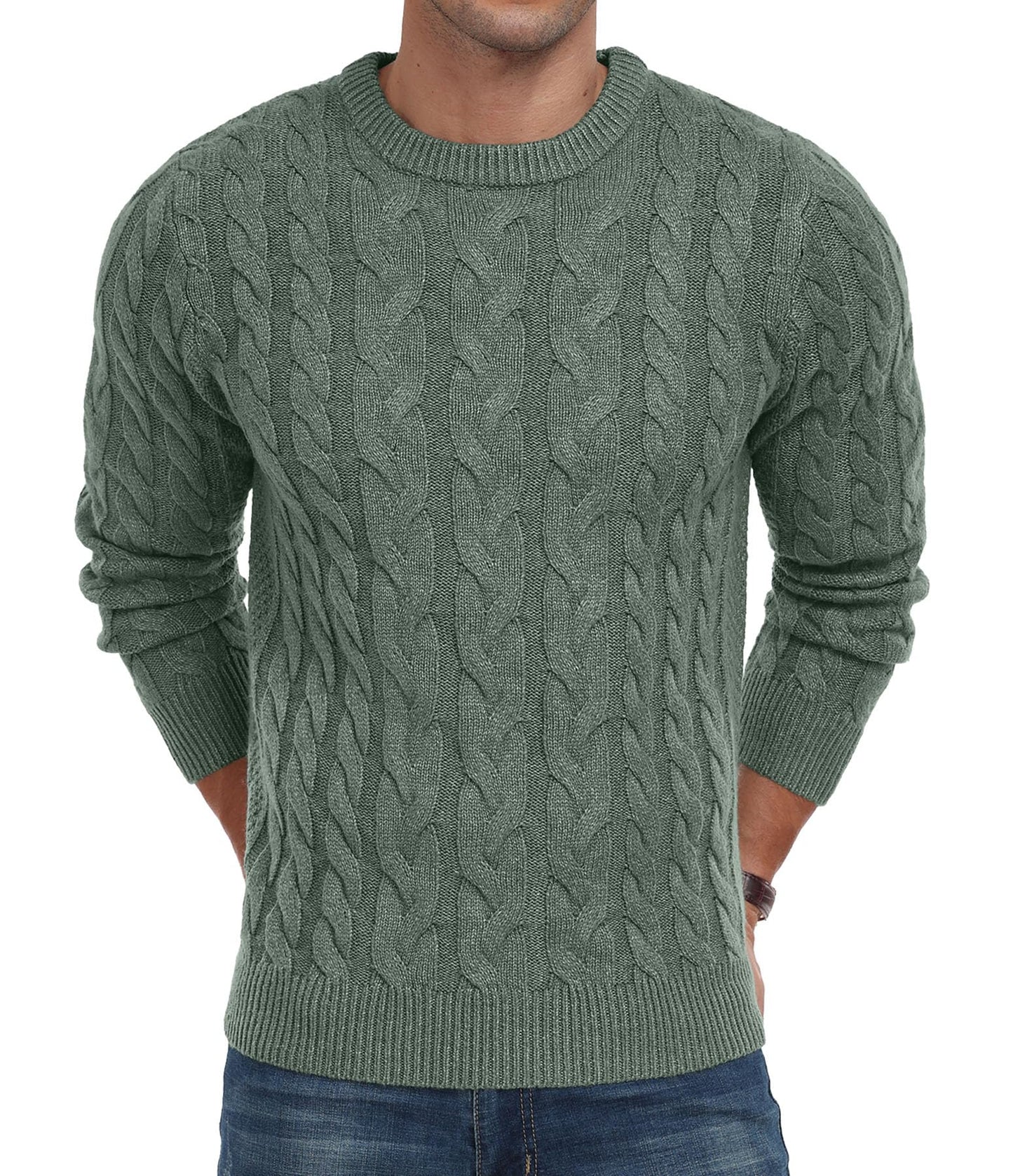 Askdeer Men's Crewneck Pullover Sweater Chunky Cable Knit Sweater Classic Casual Sweaters with Ribbing Edge