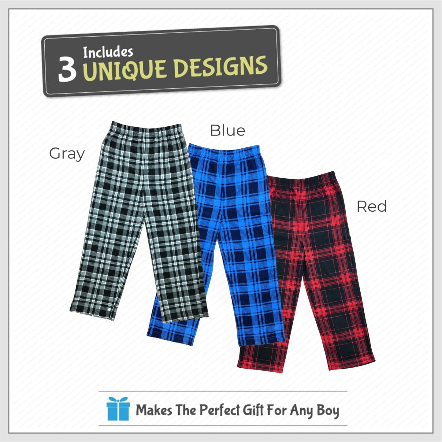 Mad Dog Concepts 3-Pack Boys Pajama Pants - Soft Micro Fleece PJ Bottoms for Kids, Printed Plaid Design - Boy's Sleepwear