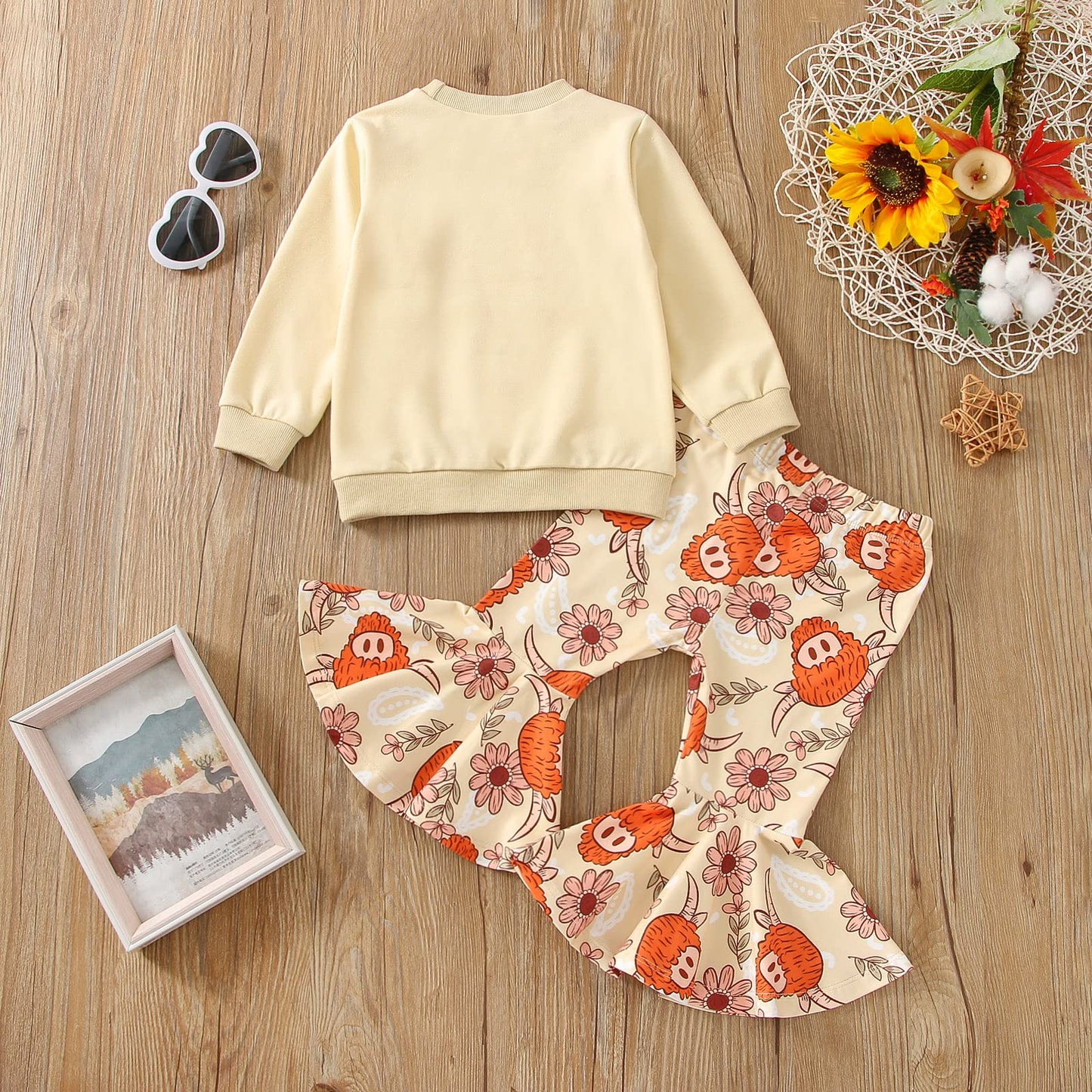 Toddler Kids Girls Clothes Sets Cow Print Long Sleeve Sweatshirt Pullover Flare Pants 2Pcs Fall Winter Outfits