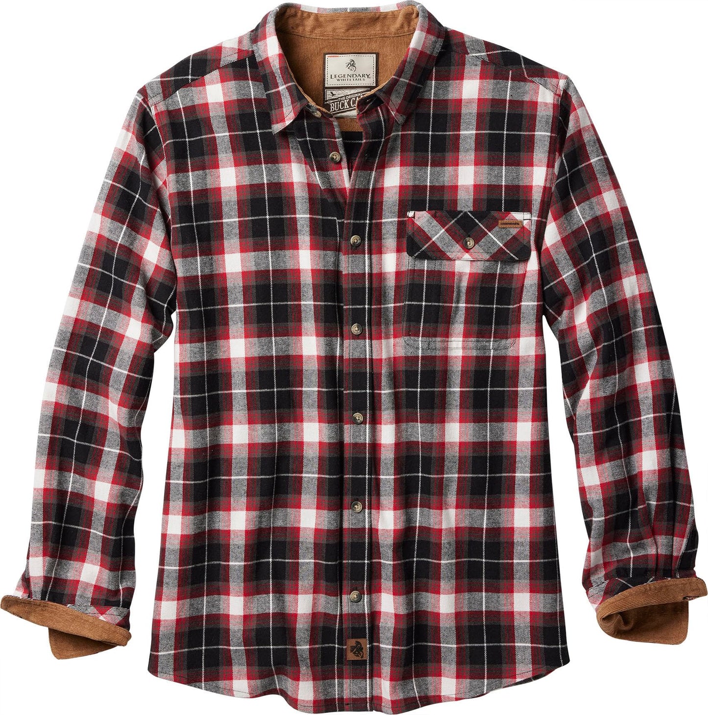 Legendary Whitetails Men's Buck Camp Flannel, Long Sleeve Plaid Button Down Casual Shirt, Corduroy Cuffs