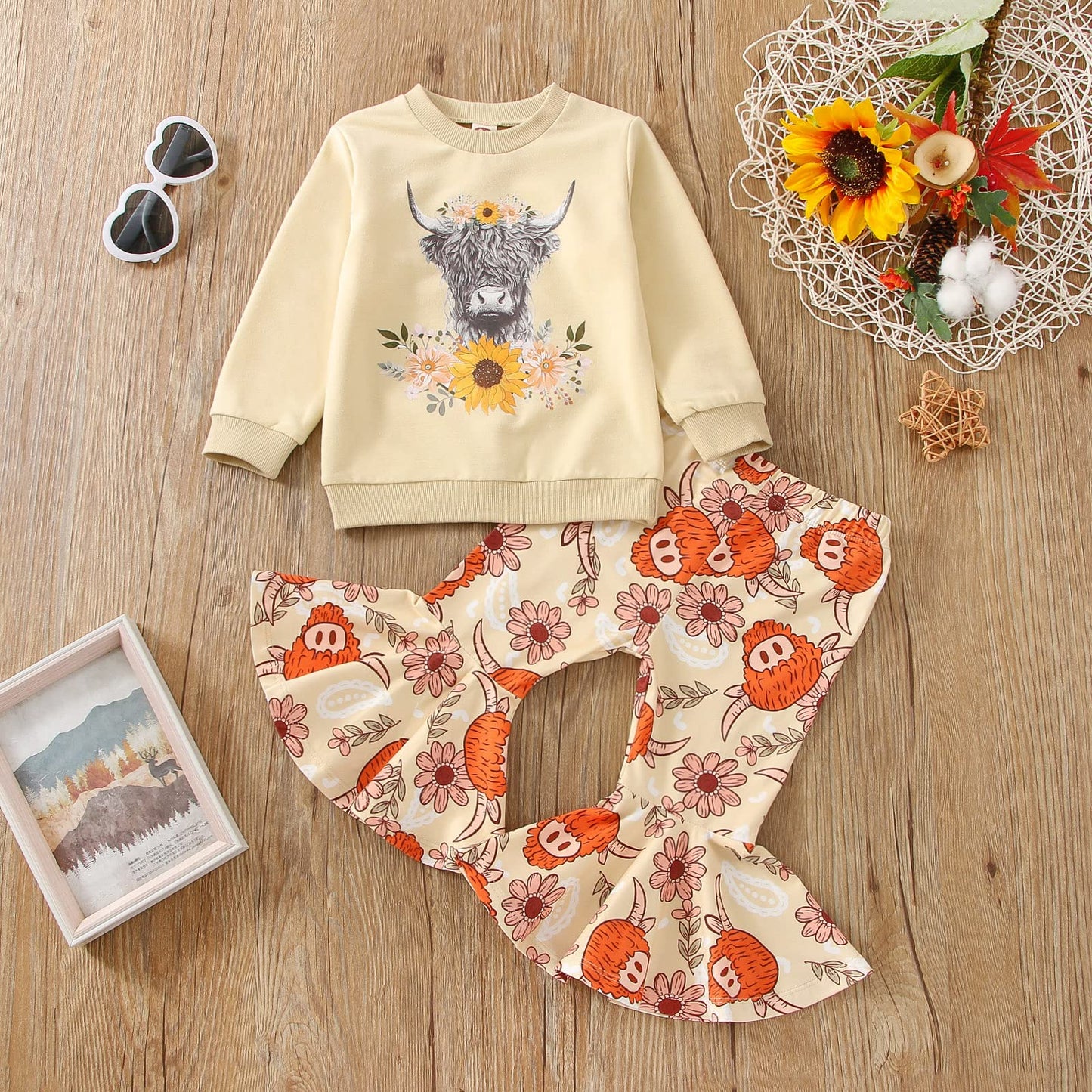 Toddler Kids Girls Clothes Sets Cow Print Long Sleeve Sweatshirt Pullover Flare Pants 2Pcs Fall Winter Outfits