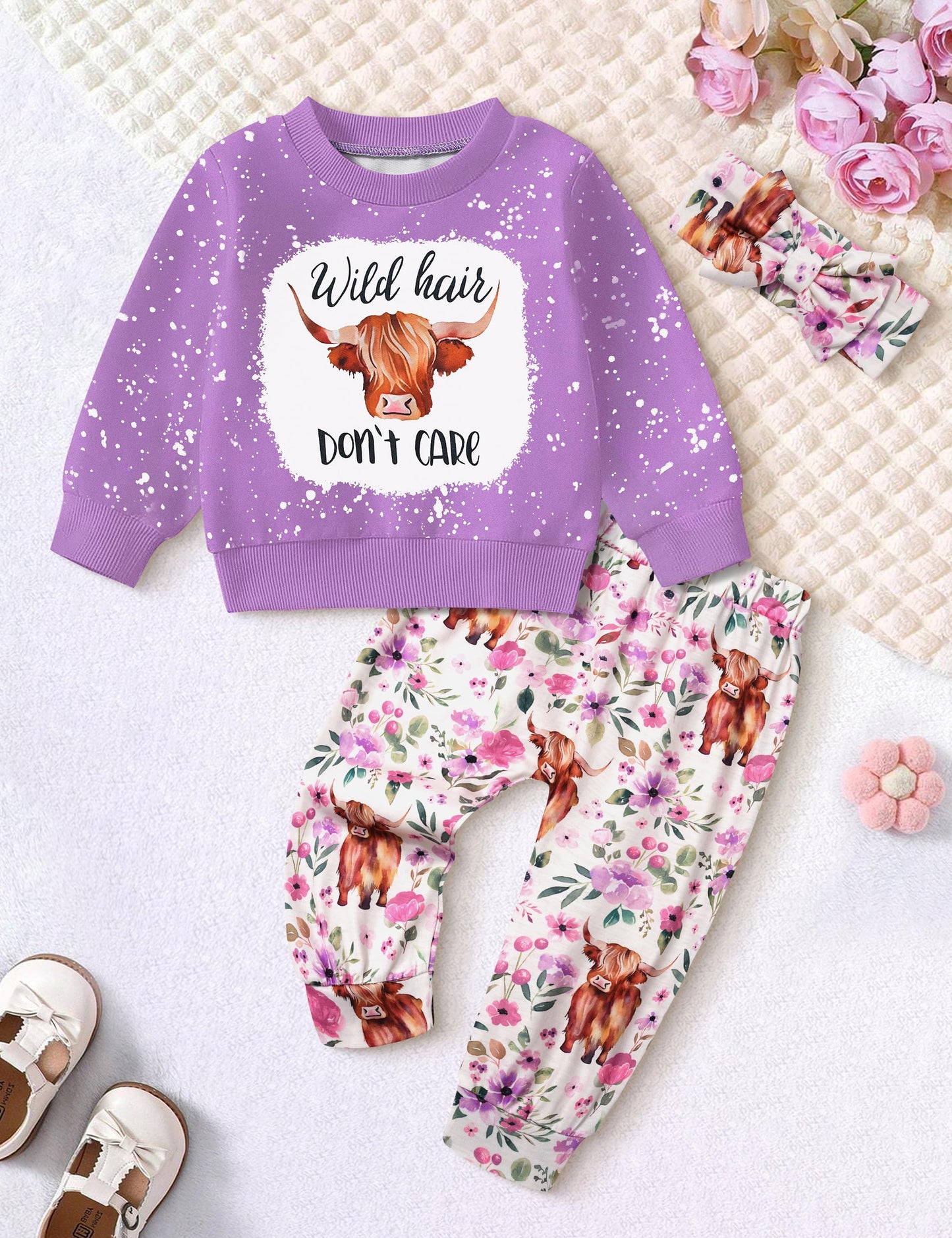 Toddler Girl Clothes Fall Winter Outfits Wild Hair Don't Care Highland Cow Sweatshirt Pants Western Cowgirl Outfit