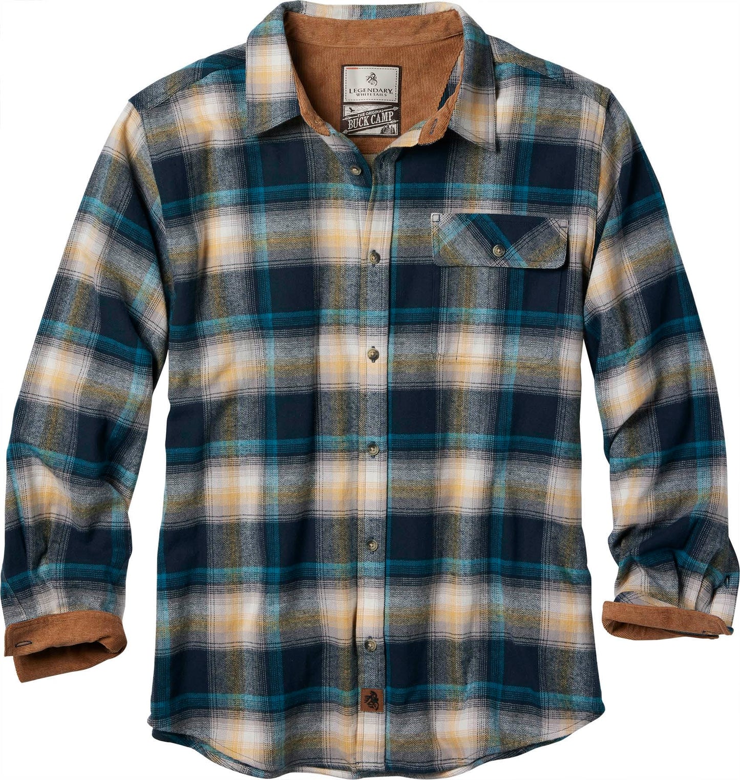 Legendary Whitetails Men's Buck Camp Flannel, Long Sleeve Plaid Button Down Casual Shirt, Corduroy Cuffs