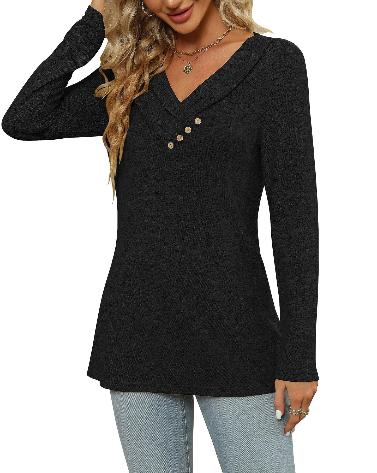 Women's Fall Long Sleeve Tunic Tops for Leggings V Neck Button Casual Blouse Sweatshirt