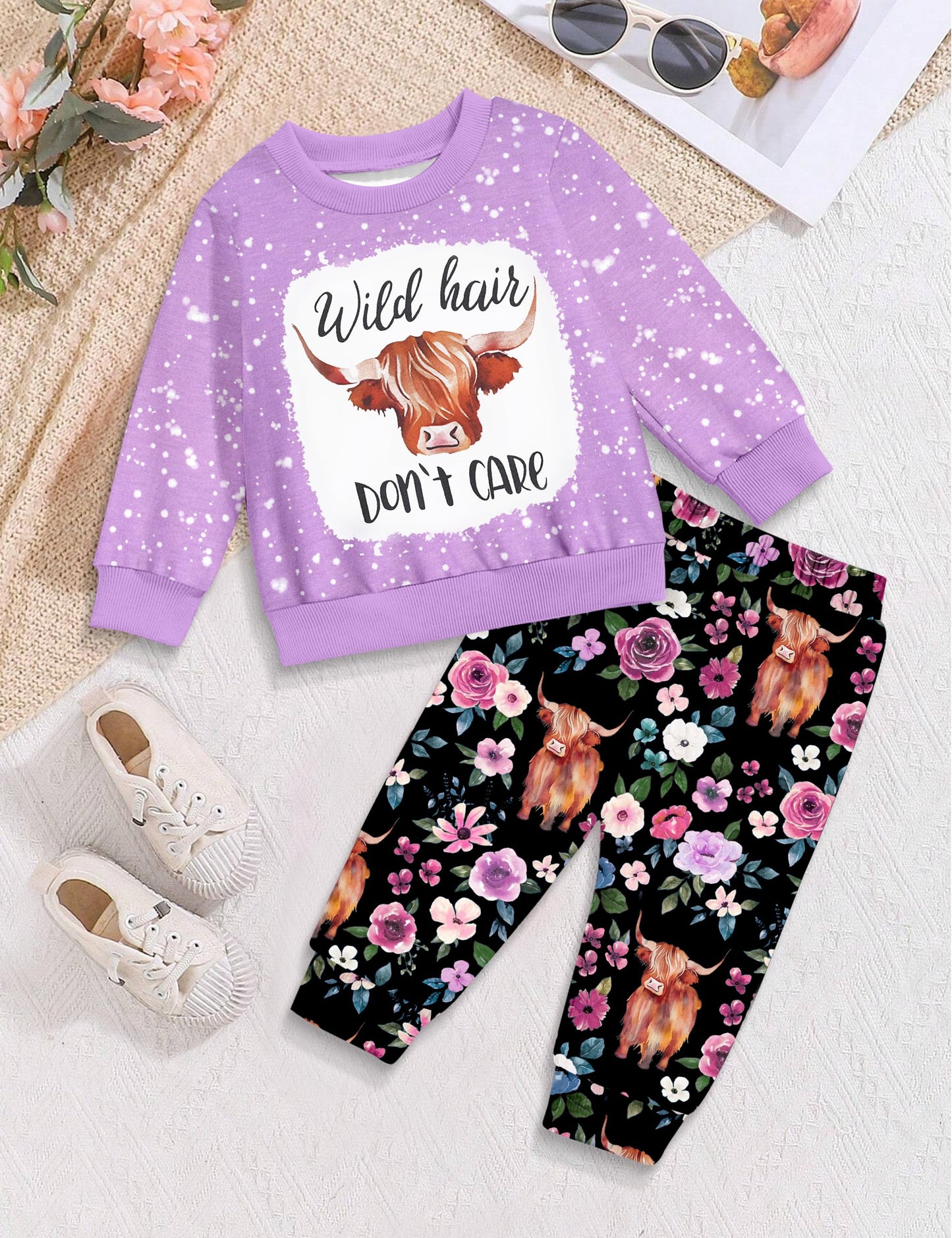 Toddler Girl Clothes Fall Winter Outfits Wild Hair Don't Care Highland Cow Sweatshirt Pants Western Cowgirl Outfit