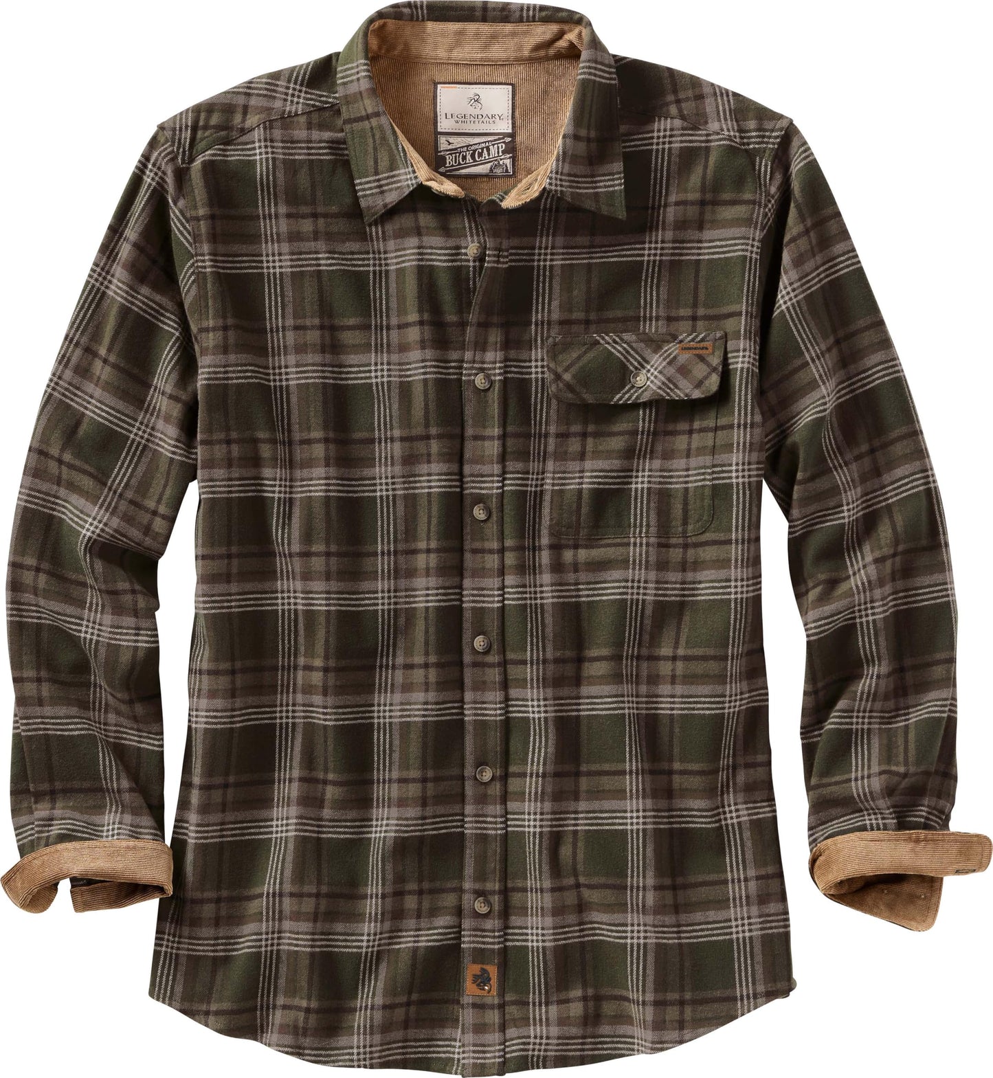 Legendary Whitetails Men's Buck Camp Flannel, Long Sleeve Plaid Button Down Casual Shirt, Corduroy Cuffs