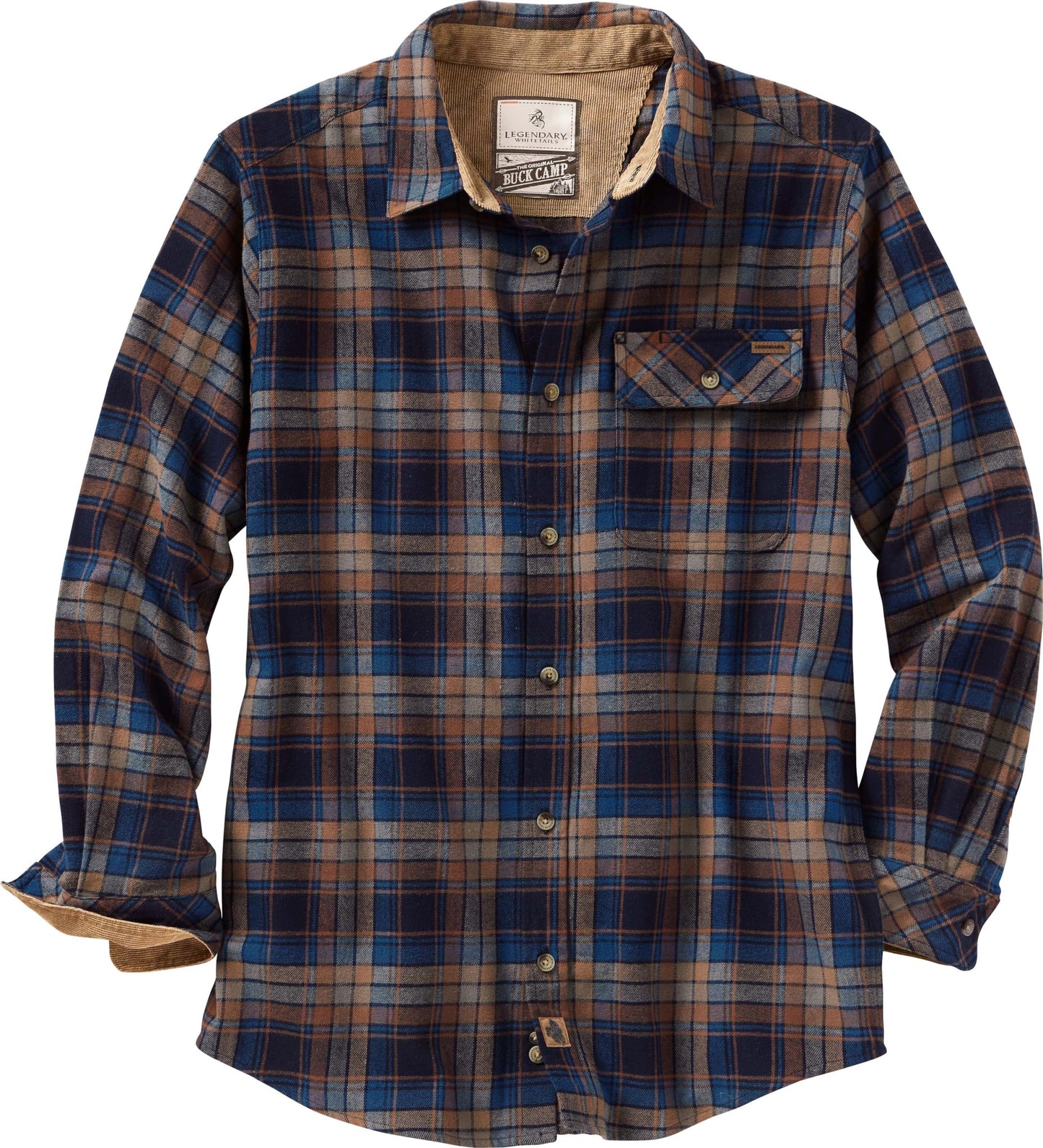 Legendary Whitetails Men's Buck Camp Flannel, Long Sleeve Plaid Button Down Casual Shirt, Corduroy Cuffs