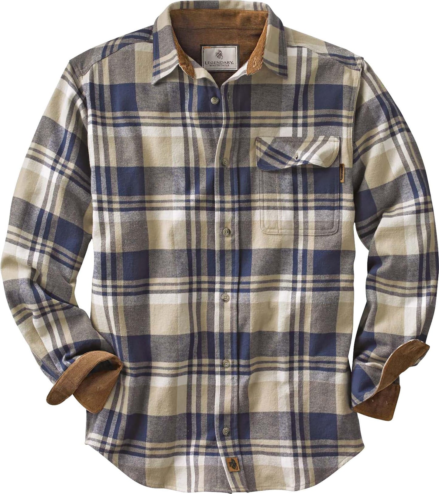 Legendary Whitetails Men's Buck Camp Flannel, Long Sleeve Plaid Button Down Casual Shirt, Corduroy Cuffs