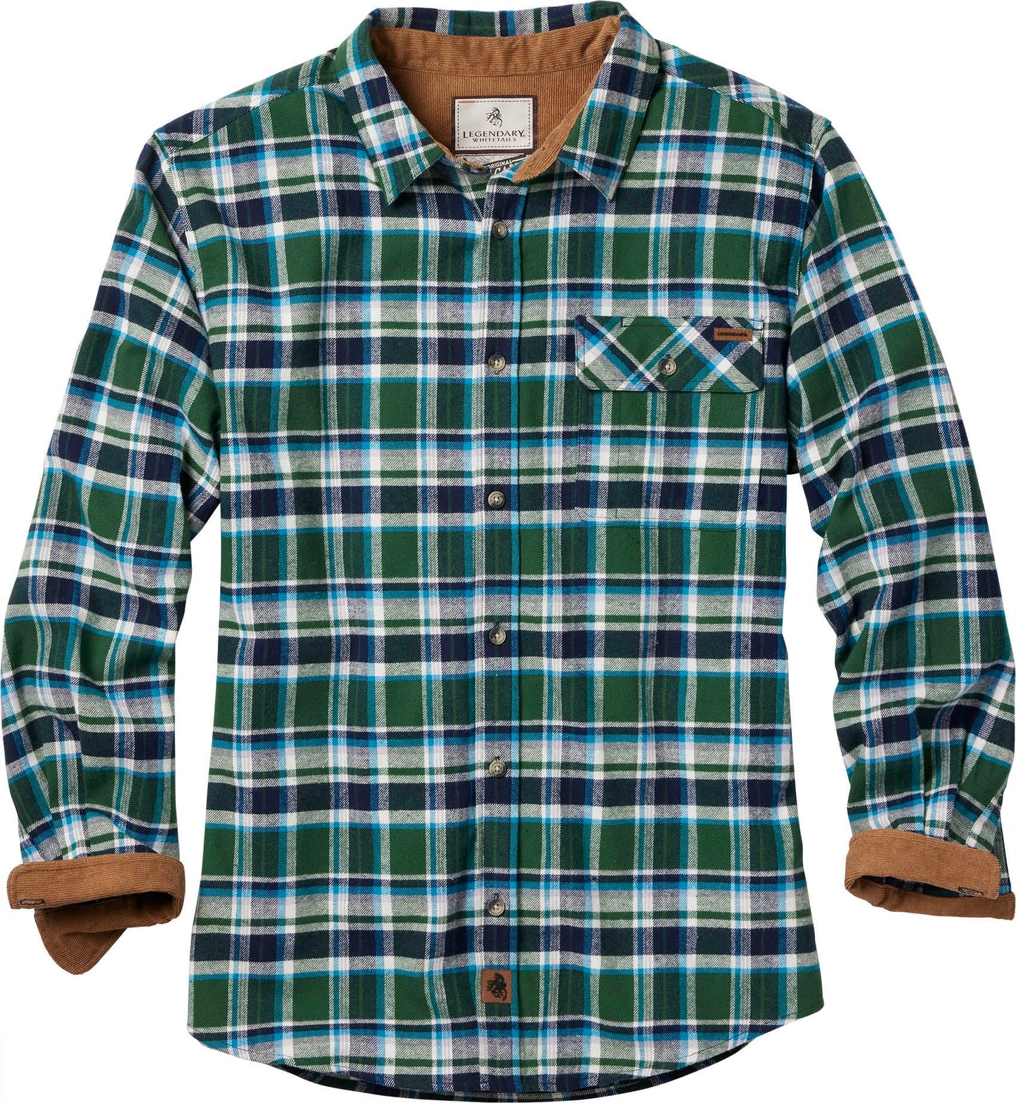 Legendary Whitetails Men's Buck Camp Flannel, Long Sleeve Plaid Button Down Casual Shirt, Corduroy Cuffs