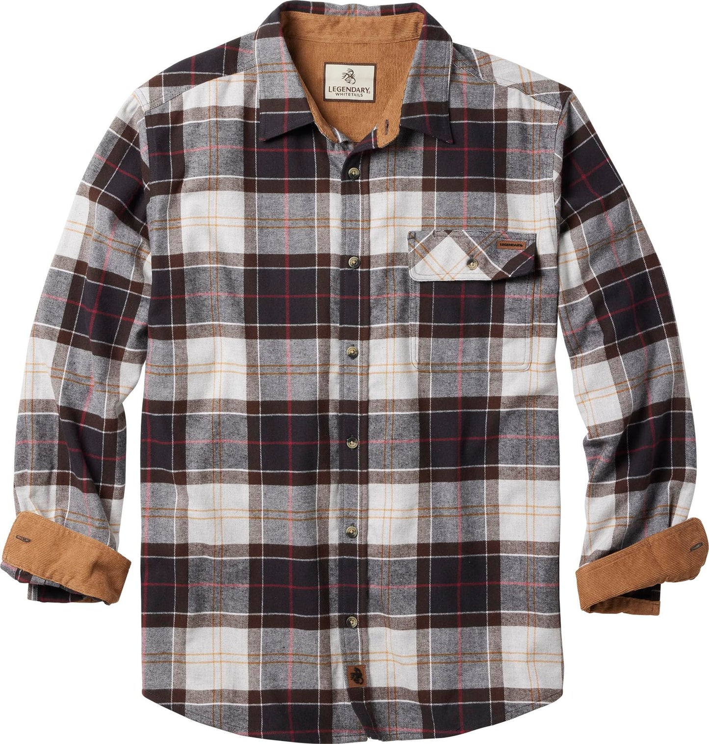 Legendary Whitetails Men's Buck Camp Flannel, Long Sleeve Plaid Button Down Casual Shirt, Corduroy Cuffs