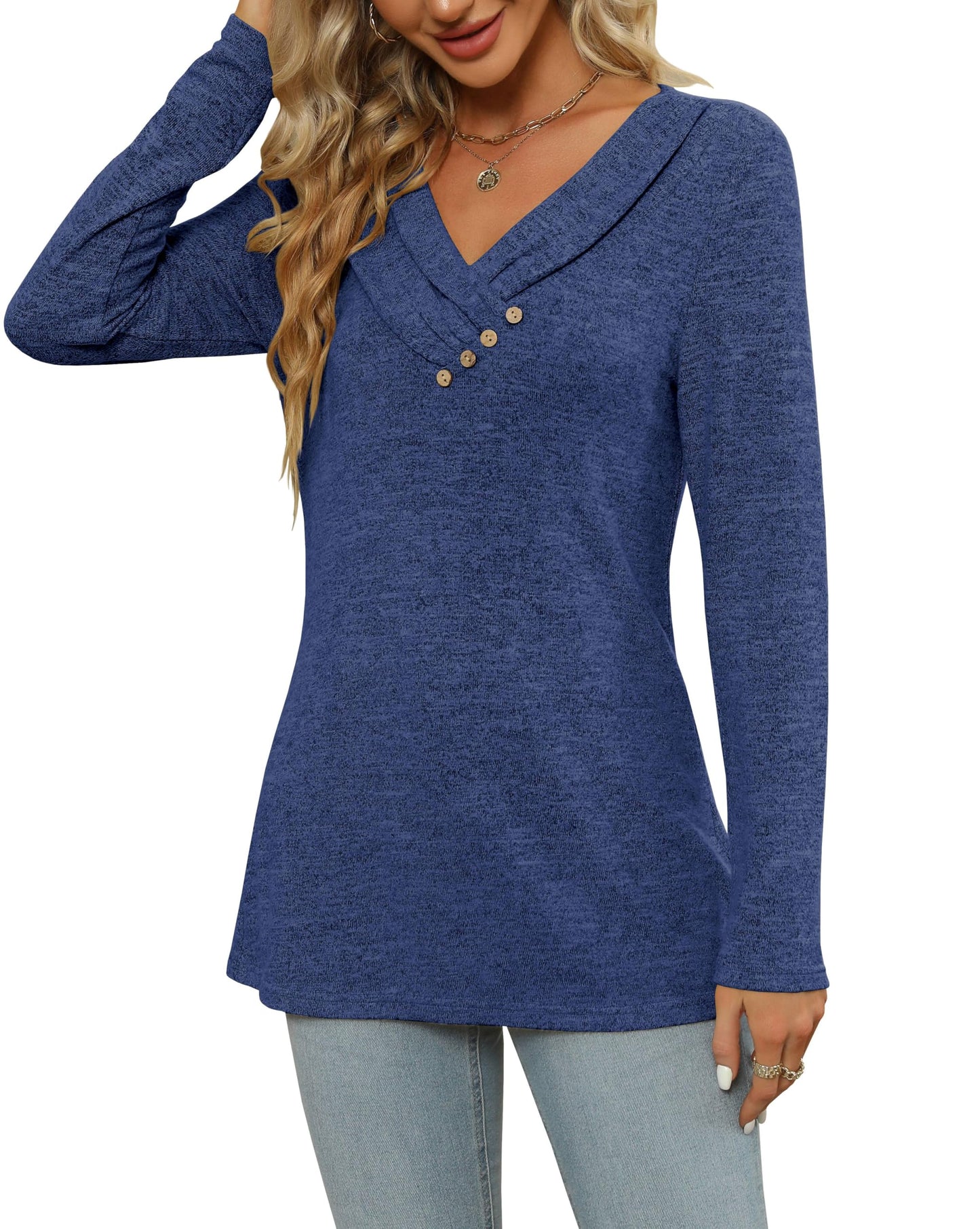 Women's Fall Long Sleeve Tunic Tops for Leggings V Neck Button Casual Blouse Sweatshirt