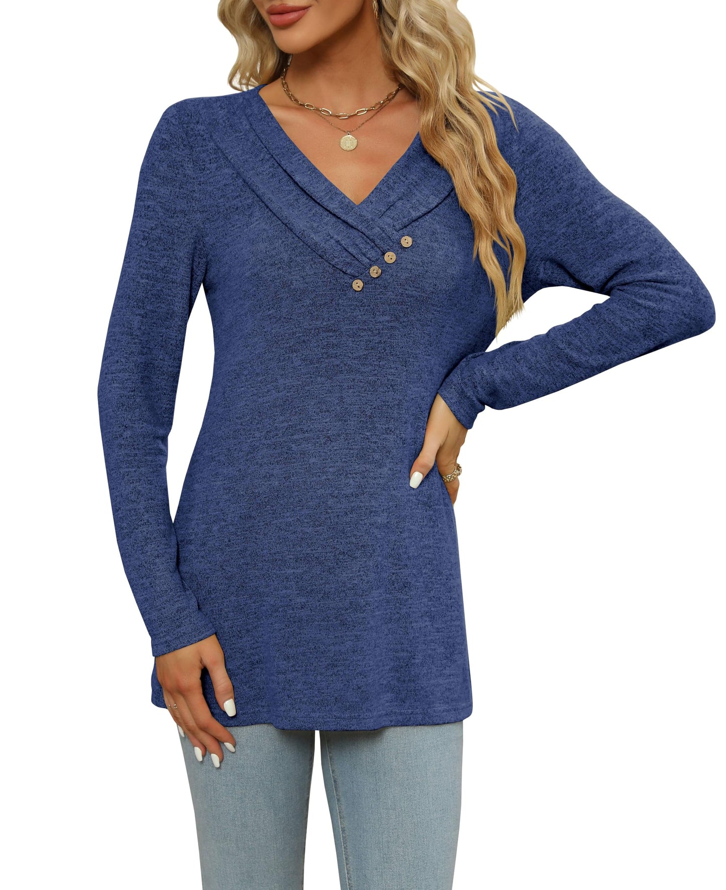 Women's Fall Long Sleeve Tunic Tops for Leggings V Neck Button Casual Blouse Sweatshirt