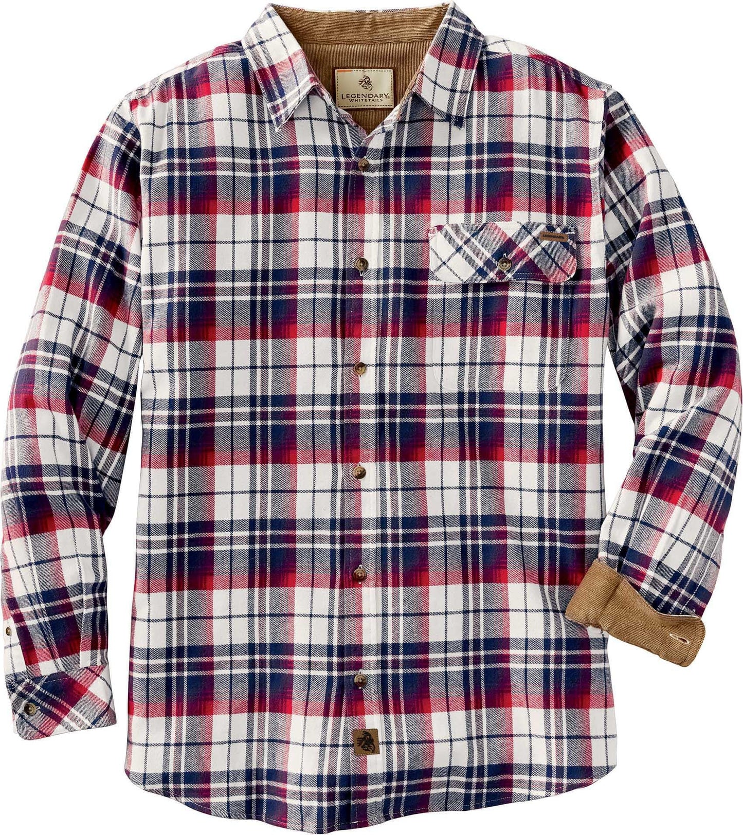 Legendary Whitetails Men's Buck Camp Flannel, Long Sleeve Plaid Button Down Casual Shirt, Corduroy Cuffs