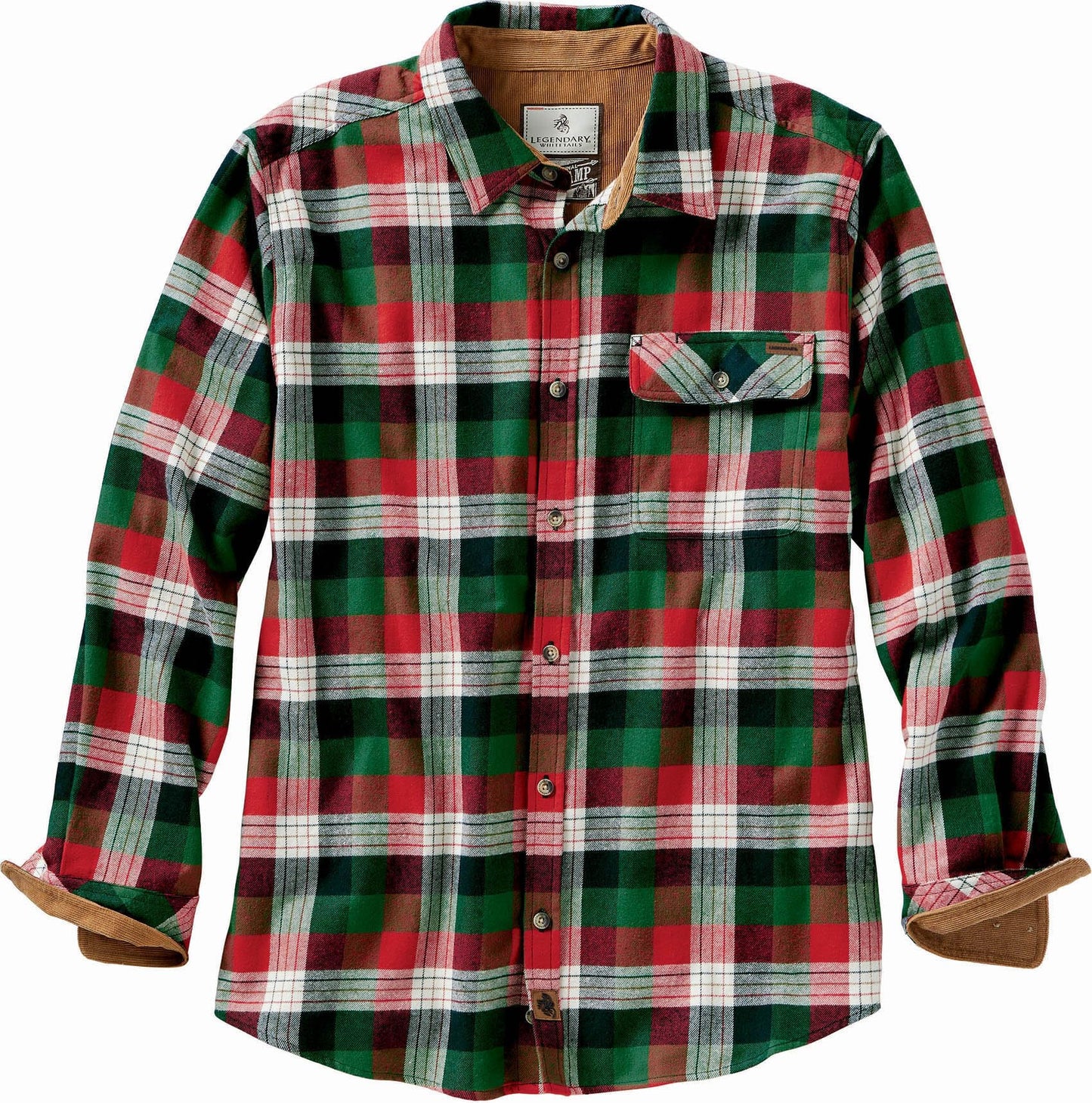 Legendary Whitetails Men's Buck Camp Flannel, Long Sleeve Plaid Button Down Casual Shirt, Corduroy Cuffs