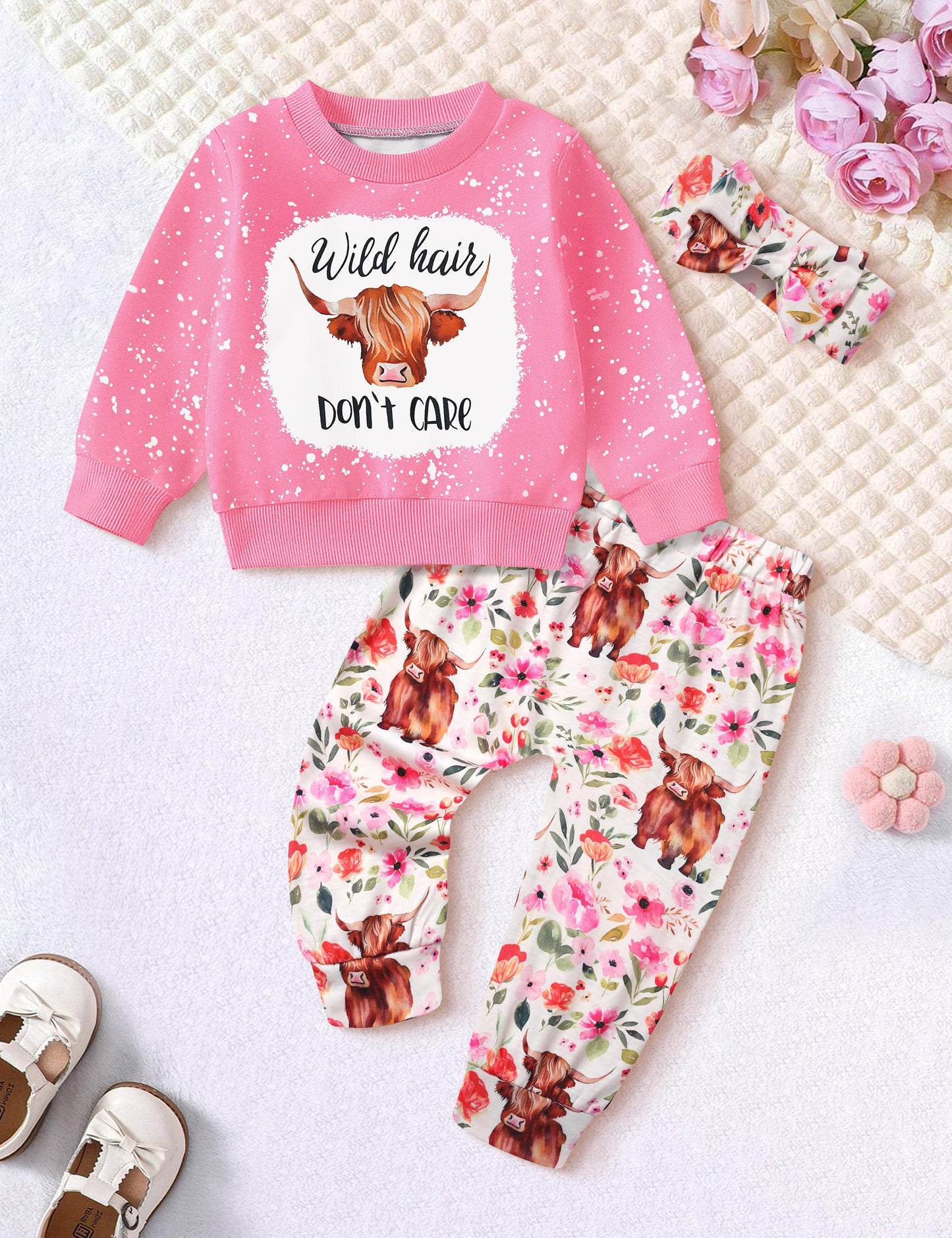 Toddler Girl Clothes Fall Winter Outfits Wild Hair Don't Care Highland Cow Sweatshirt Pants Western Cowgirl Outfit