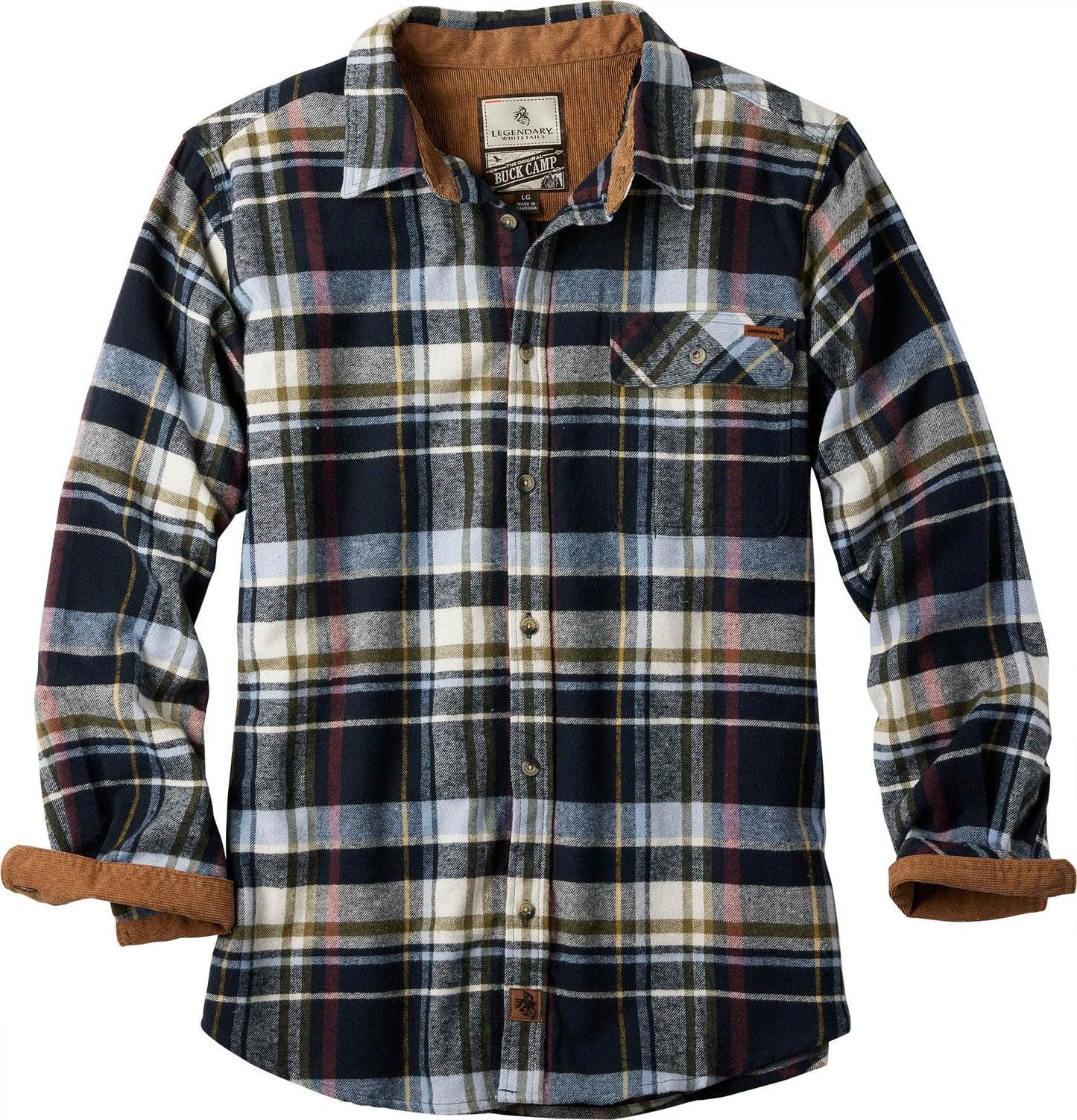 Legendary Whitetails Men's Buck Camp Flannel, Long Sleeve Plaid Button Down Casual Shirt, Corduroy Cuffs