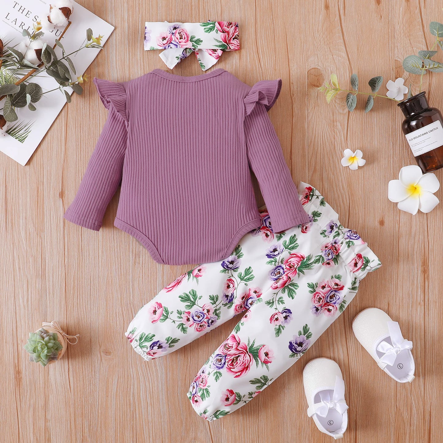 DISAUR Baby Girls Clothes Newborn Infant Baby Girls Outfit Long Sleeve Ruffle Romper Floral Pants Headband Sets 0-18 Months