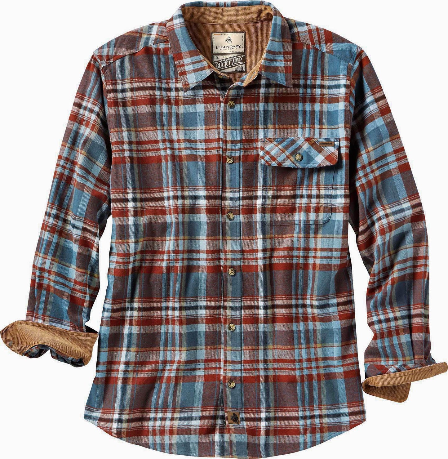 Legendary Whitetails Men's Buck Camp Flannel, Long Sleeve Plaid Button Down Casual Shirt, Corduroy Cuffs