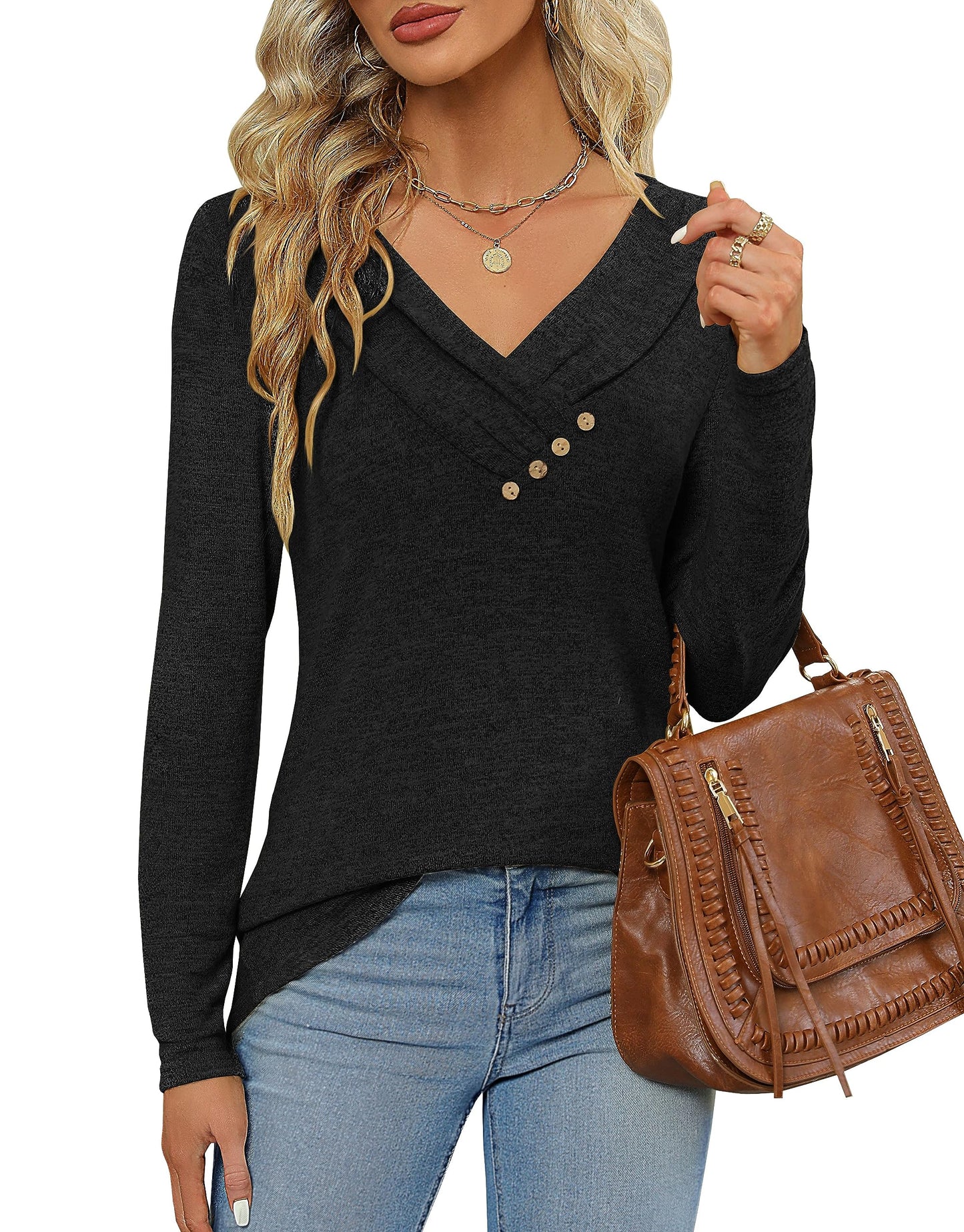 Women's Fall Long Sleeve Tunic Tops for Leggings V Neck Button Casual Blouse Sweatshirt