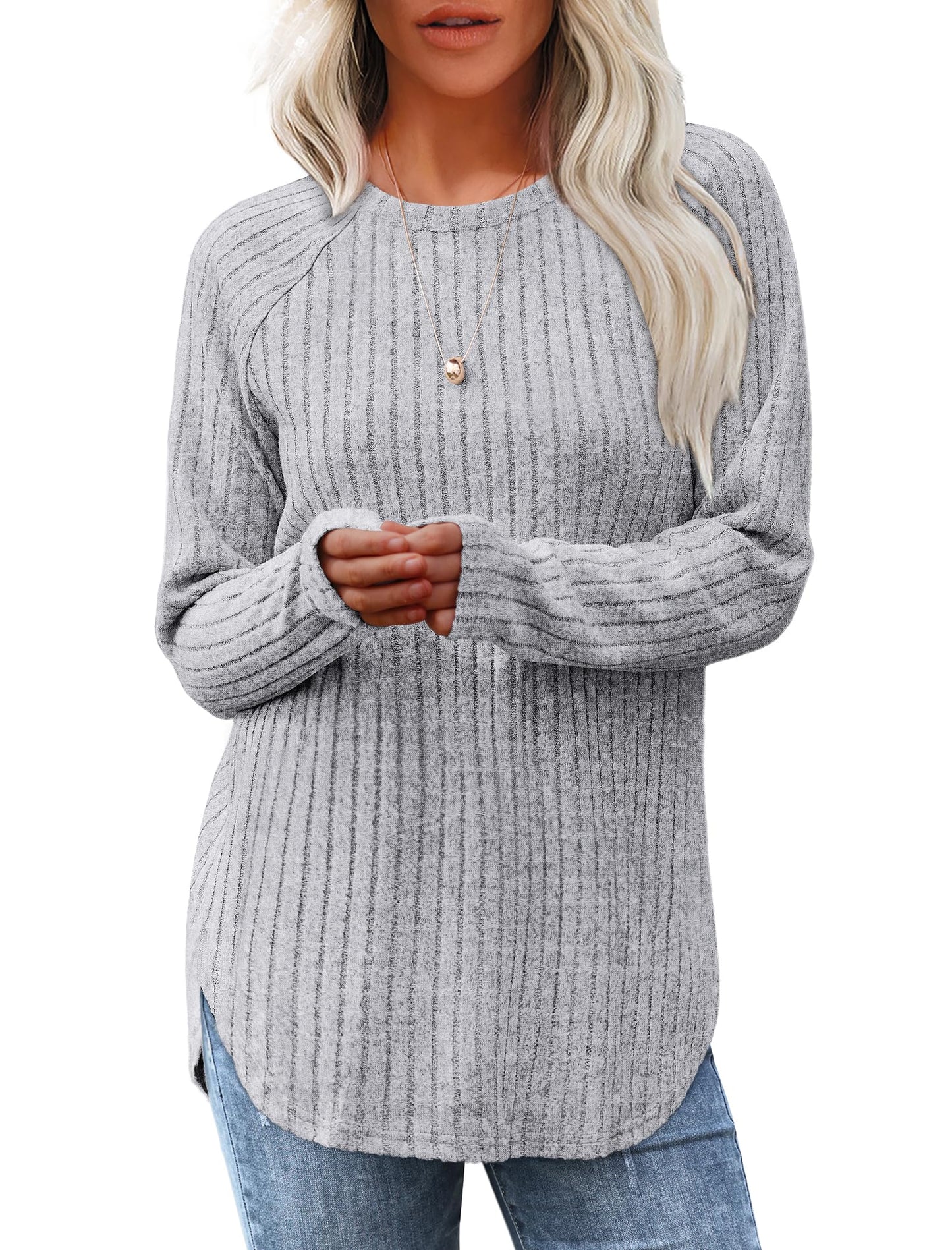 Saloogoe Long Sleeve Shirts for Women Tunic Tops for Women Loose Fit Dressy Crew Neck Pullover Basic Sweaters for Women 2024